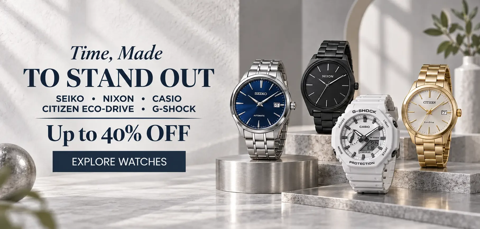 Watches from Seiko, Nixon, Casio, Citizen Eco-Drive and G-Shock — up to 40% off