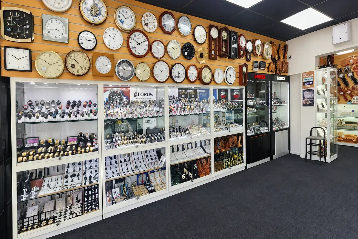 Watches and clocks on display in the Stonex Jewellers showroom
