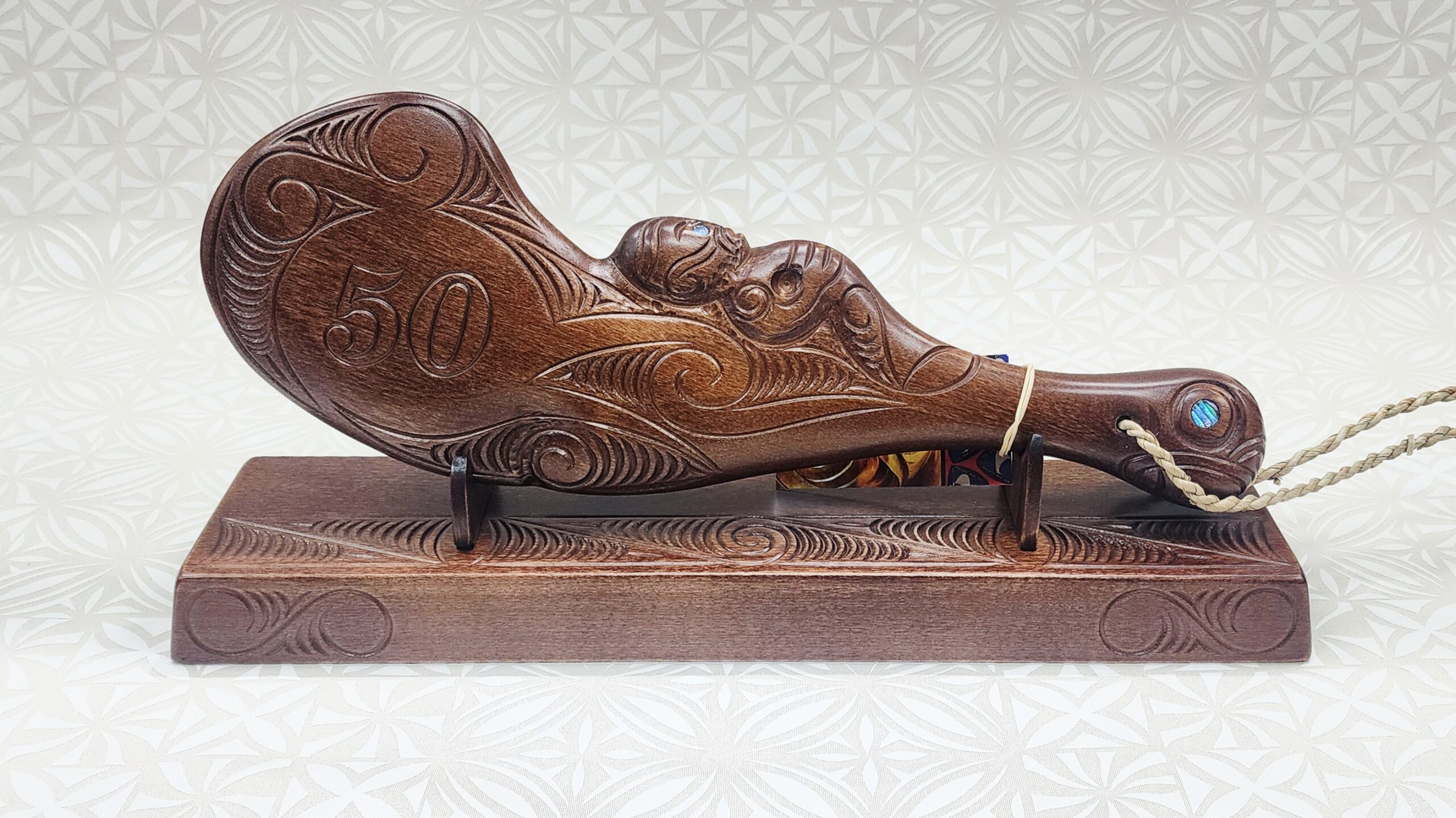 Hand Carved 50th Wahaika on Base with Island Patterns with Paua Shell Eyes 21st Keys 