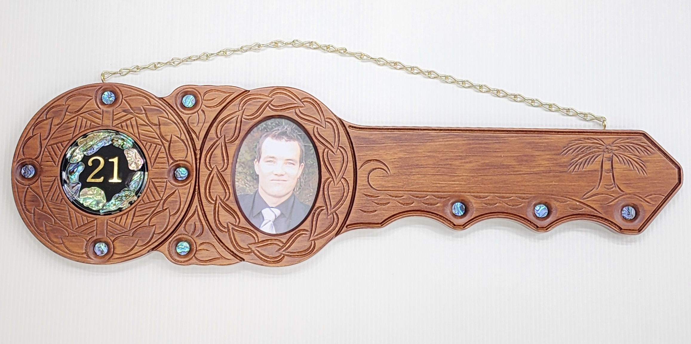 Large Pacific Design 21st Birthday Key Hand Carved NZ Tulip Wood with Paua Shell & Photo Frame - WM438 21st Keys 