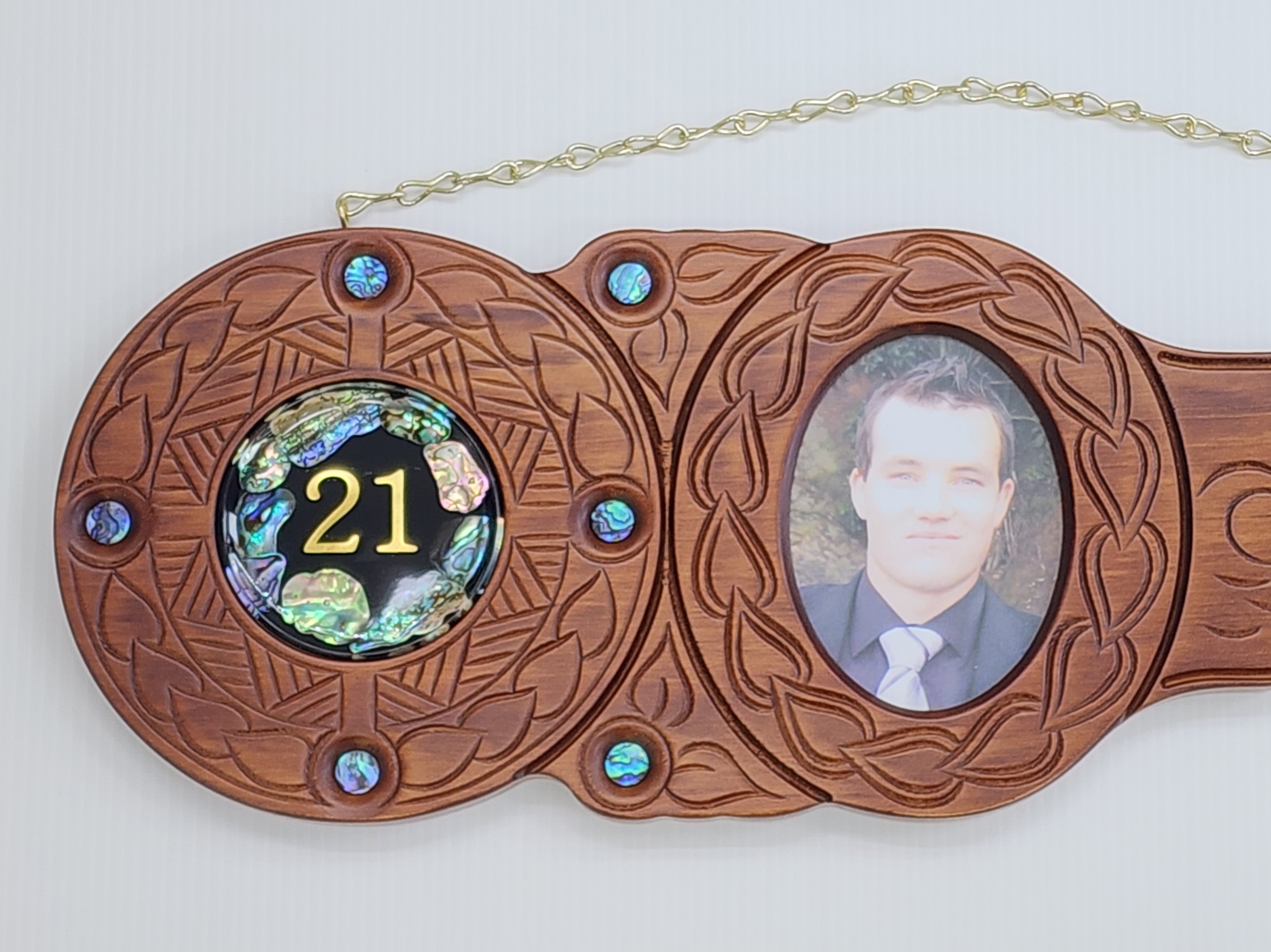 Large Pacific Design 21st Birthday Key Hand Carved NZ Tulip Wood with Paua Shell & Photo Frame - WM438 21st Keys Large Pacific Design 21st Birthday Key Hand Carved NZ Tulip Wood with Paua Shell & Photo Frame - WM438 21st Keys
