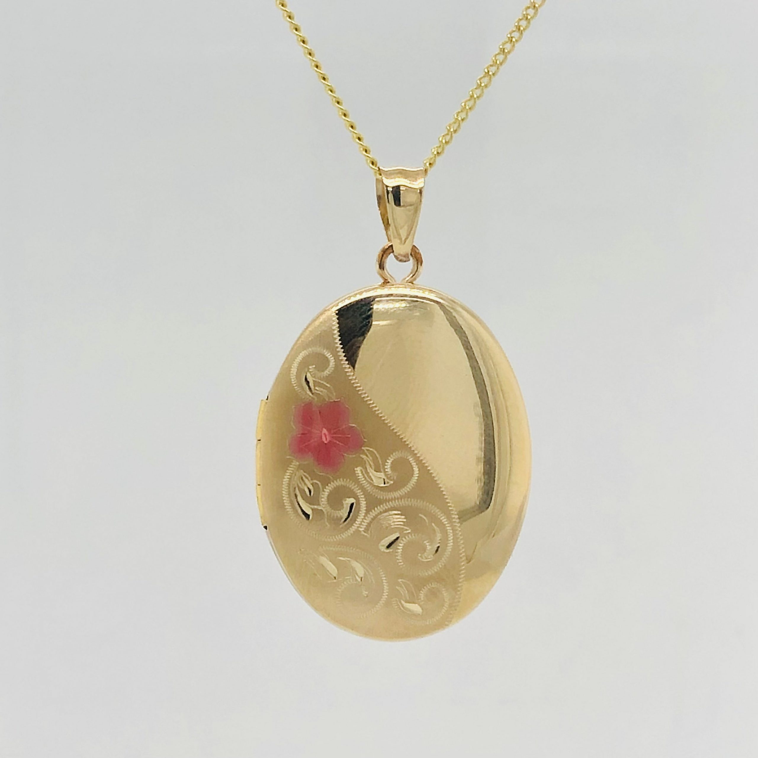 9ct Gold 20mm x 26mm Partly Engraved Oval Locket With Colouerd Enamel Flower Gold Pendants 