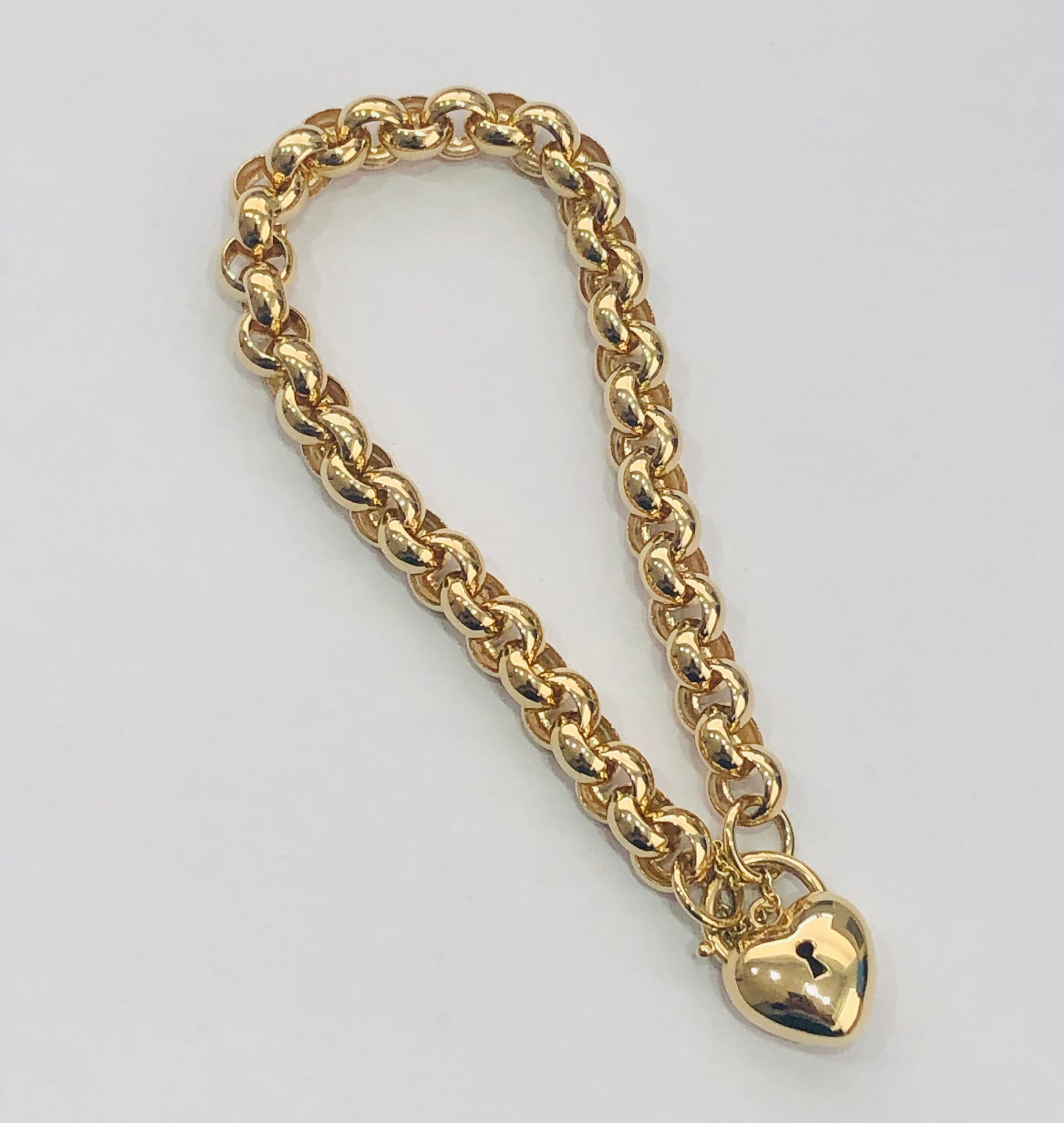 9CT 23CM HEAVY BELCHER BRACELET WITH PUFF HEART PADLOCK Gold Bracelets 