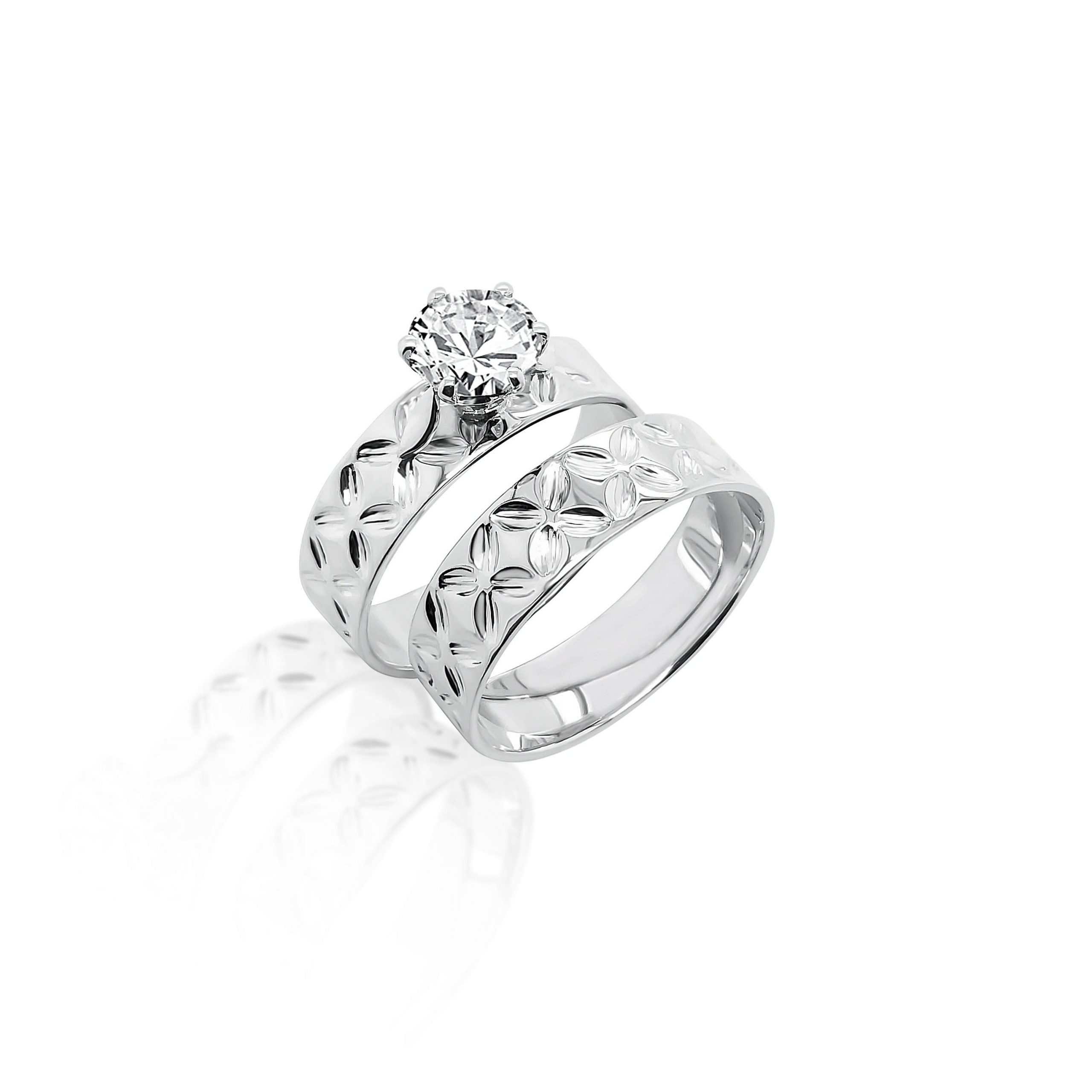 925 Sterling Silver 2 Piece 6mm Wide Island Design Set With 7mm Cubic Zirconia Setting Sterling Silver Rings 