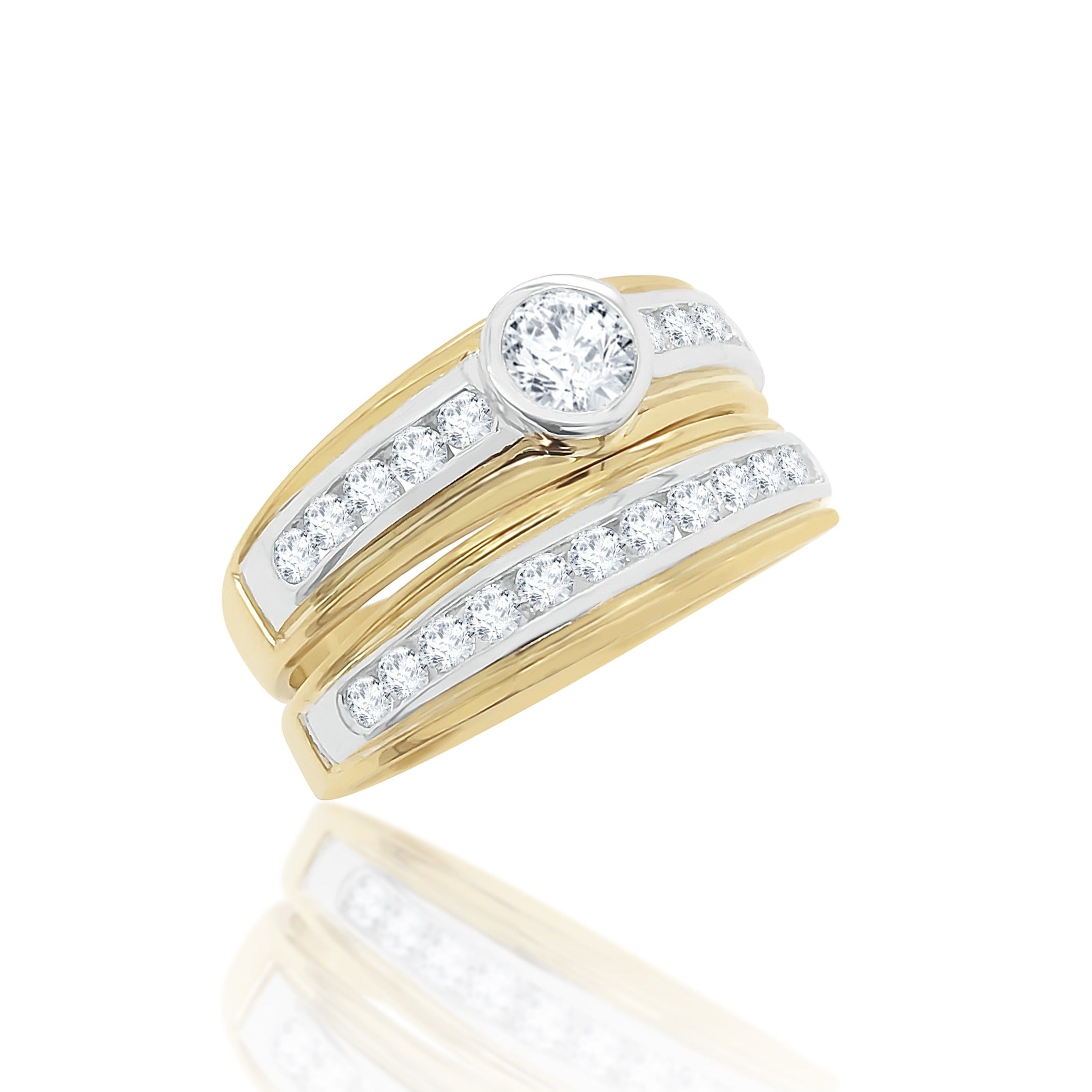 9ct Yellow & White Gold 2 pIece Cubice Zirconia Rubover Wedding Set Gold Rings 