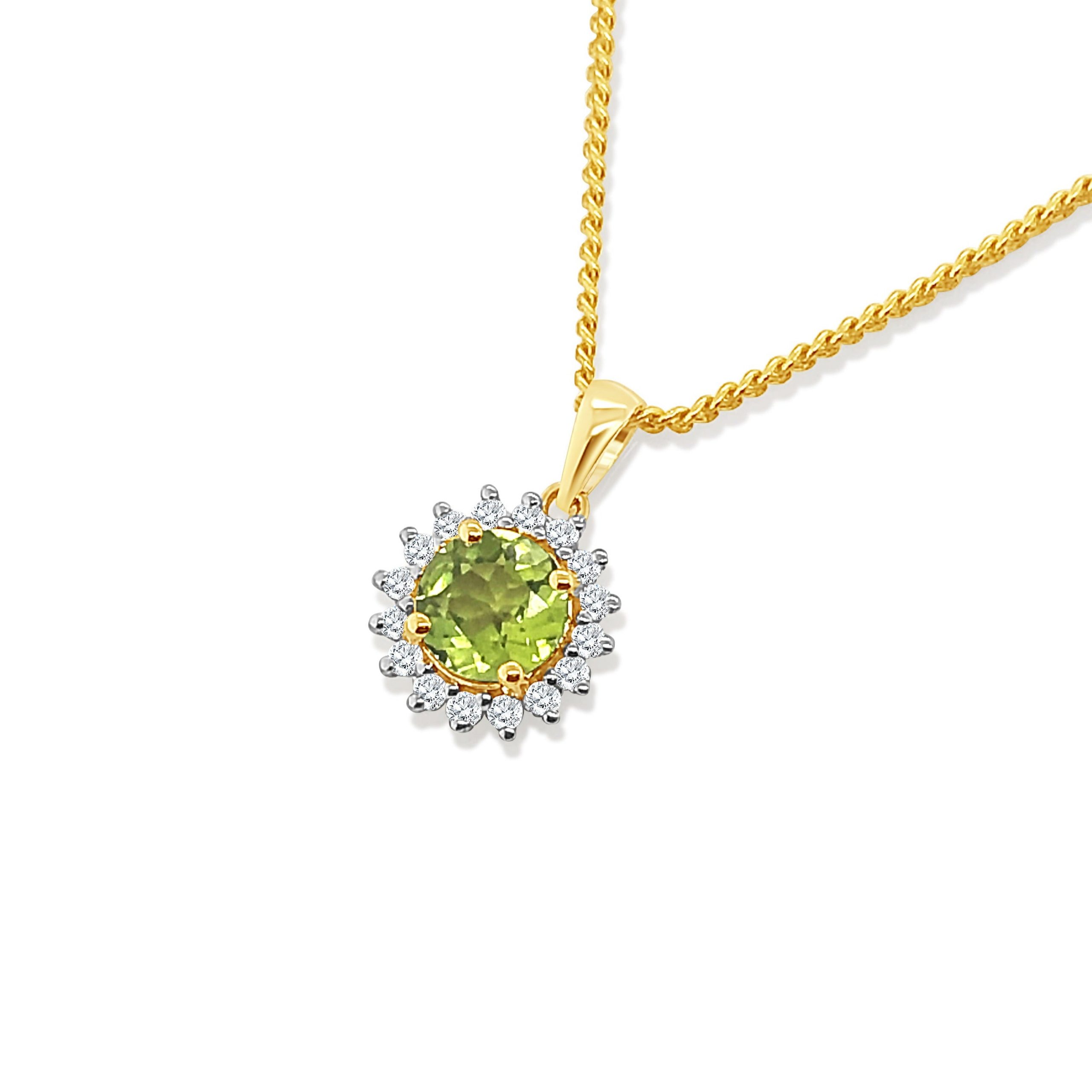 9ct Gold Halo Pendant with Peridot and Cubic Zirconia Gold Pendants 9ct Gold Halo Pendant with Peridot and Cubic Zirconia Gold Pendants