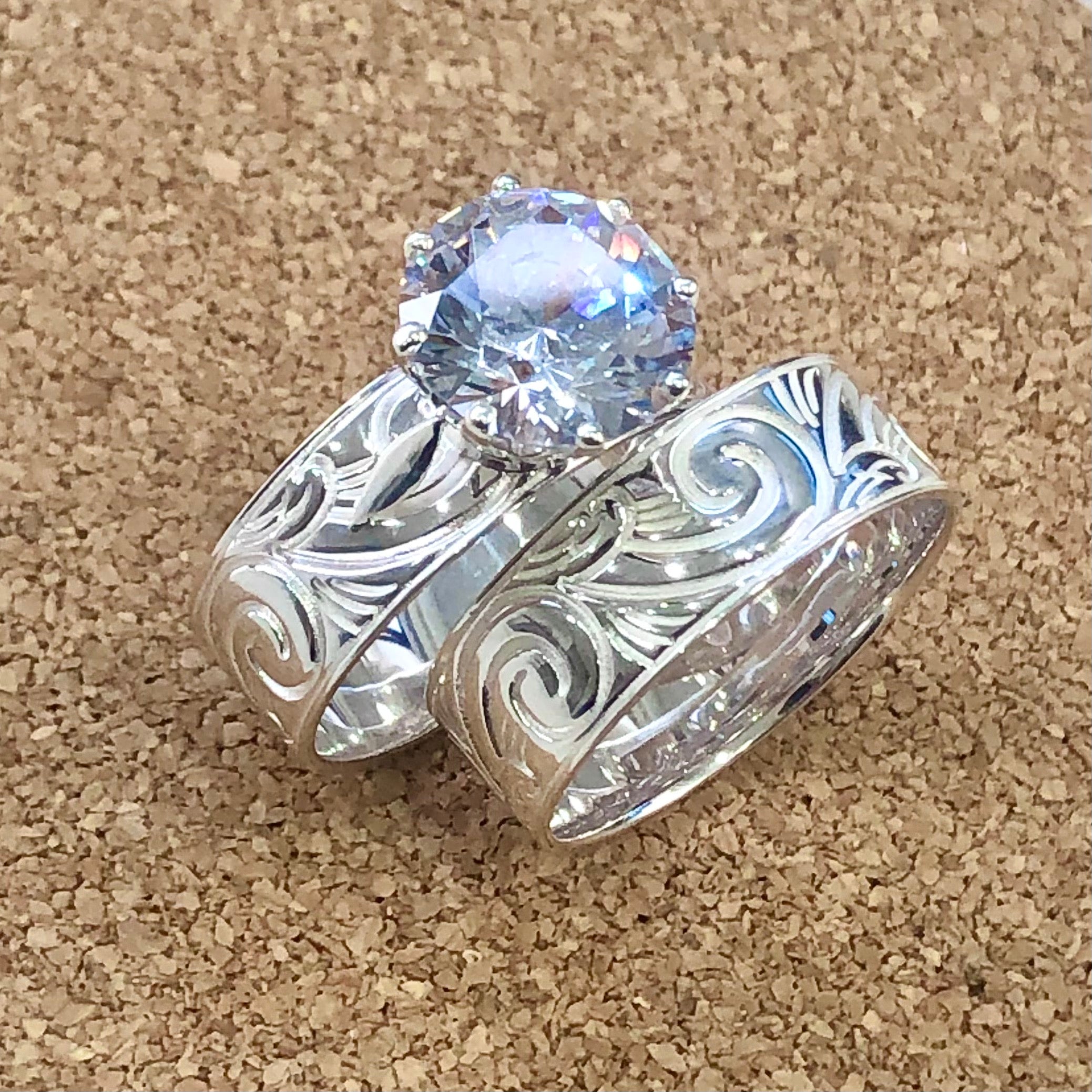 925 Sterling Silver 2 Piece Hawaiian Design Ring Set With Cubic Zirconia Sterling Silver Rings 