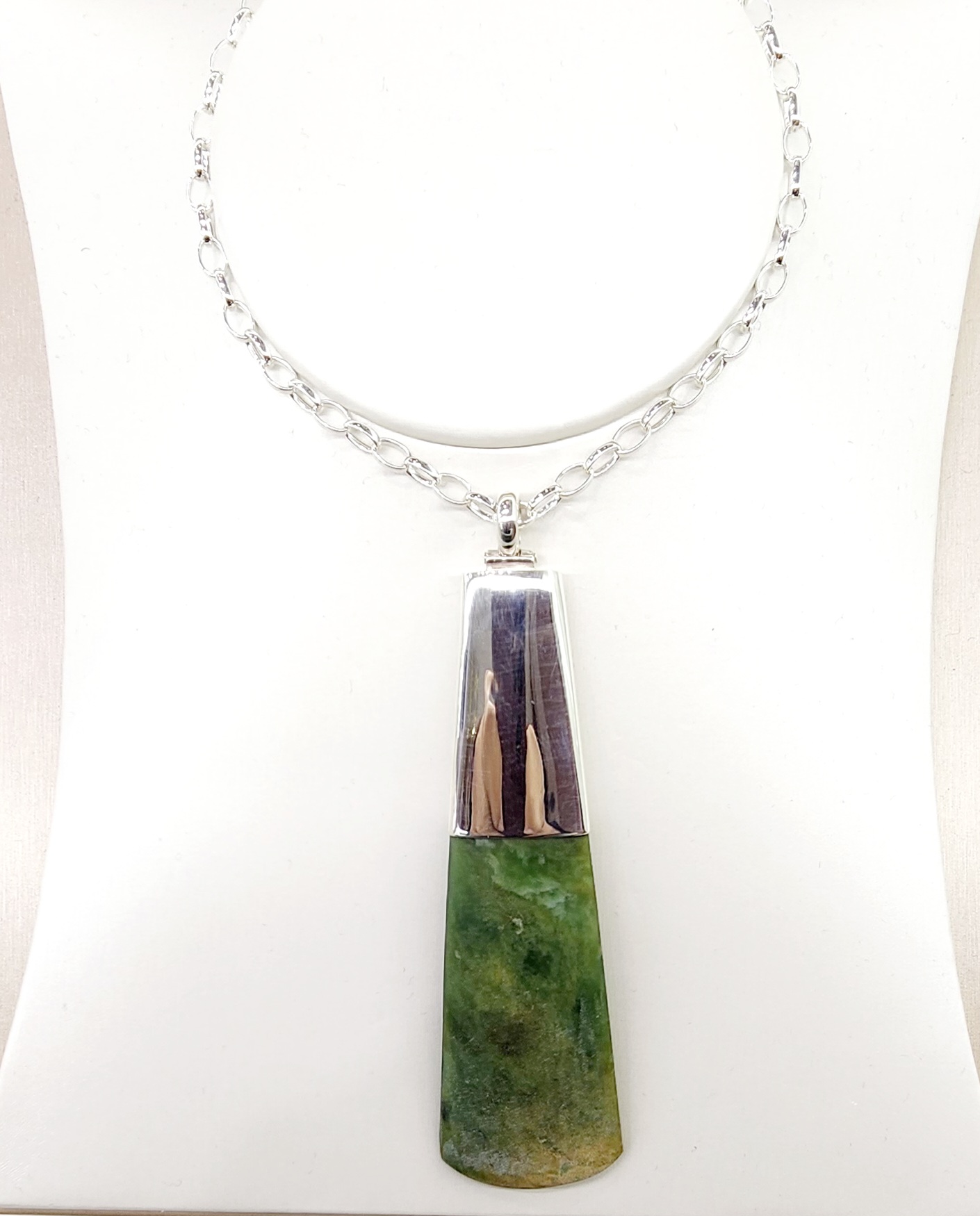 New Zealand Greenstone TOKI with Sterling Silver Cap and Oval Belcher Chain Sterling Silver Pendants 