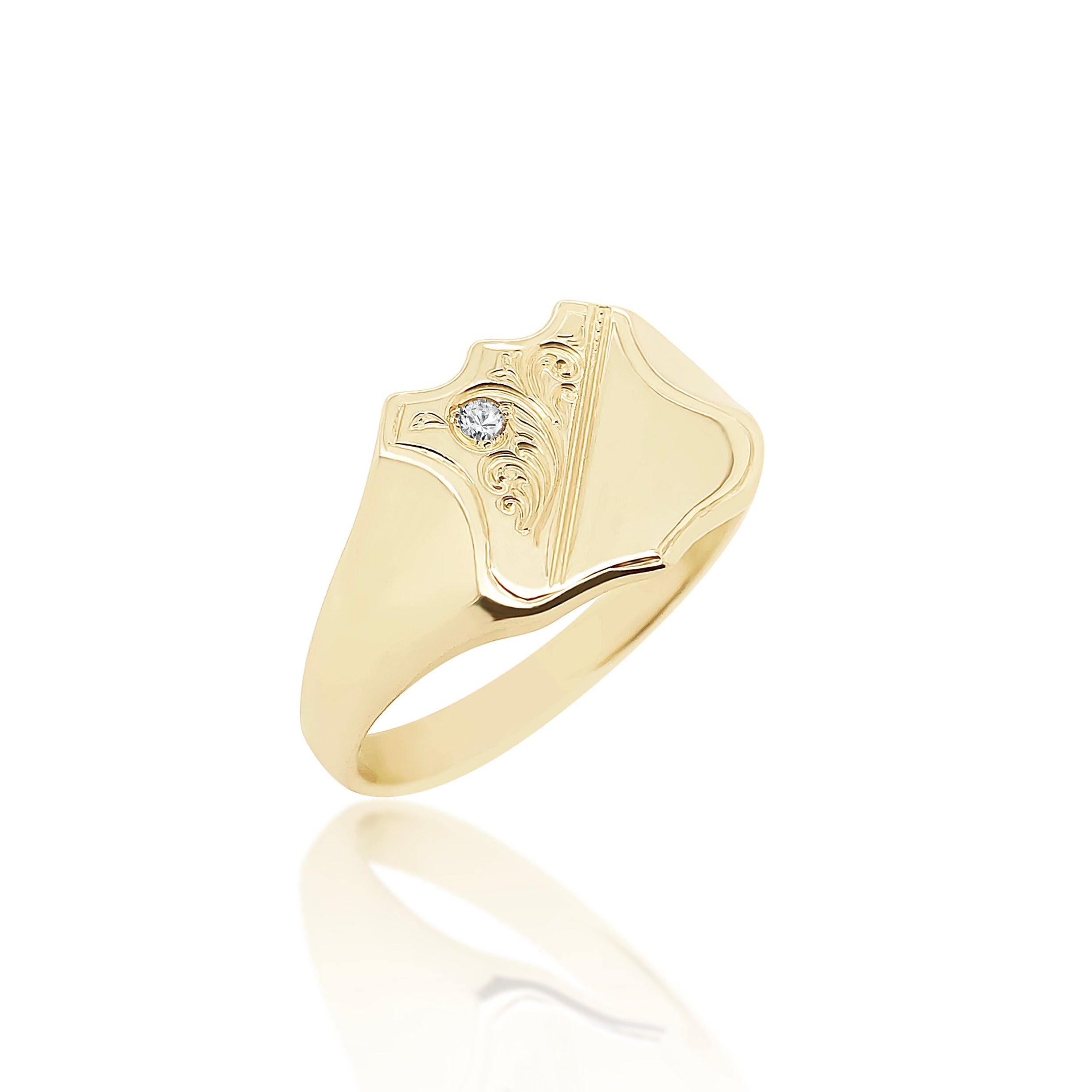 9ct Yellow Gold Shield Engraved Signet Ring with Diamond Setting Gold Rings, Men's Gold Rings 