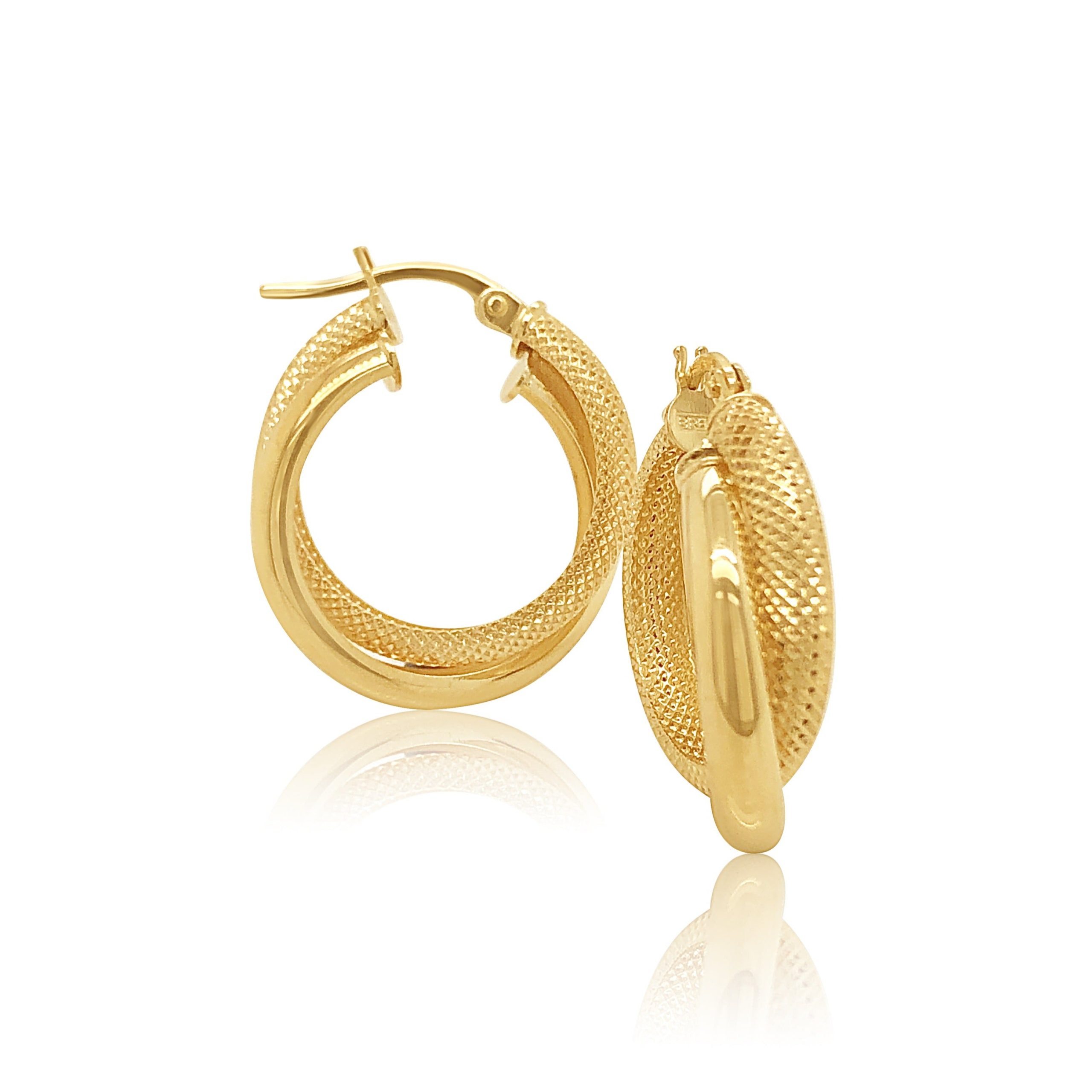 9ct Yellow Gold 15mm Plain & Frosted Double Hoop Earrings Gold Earrings 