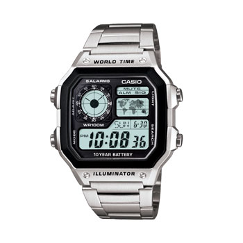 Casio AE1200WHD-1A “World Time” Stainless Steel Digital Watch – Silver Band, 10-Year Battery, 100m Water-Resist CASIO 