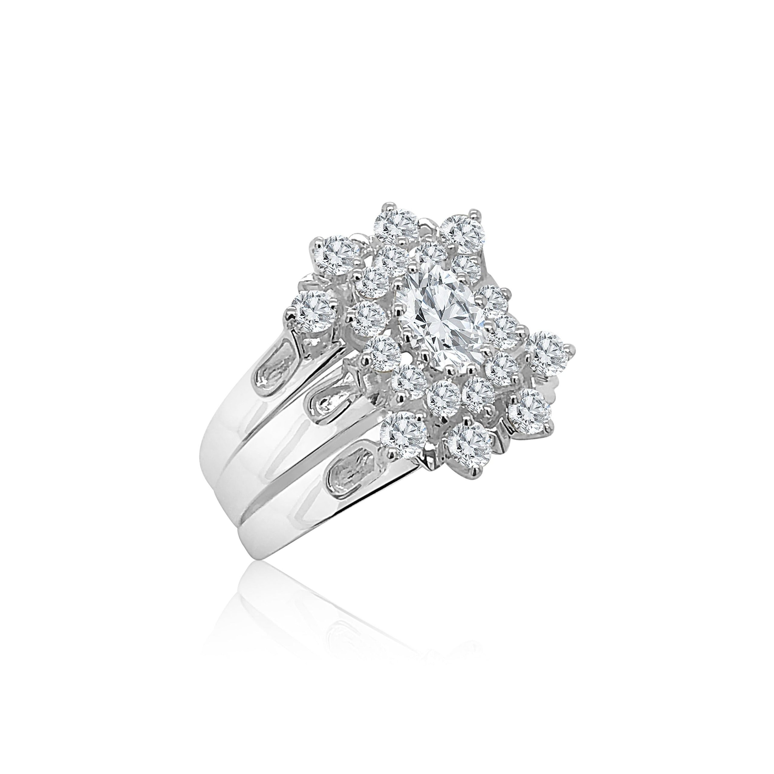 Sterling Silver 3 Piece Cluster Ring Set with Cubic Zirconia Setting Sterling Silver Rings 