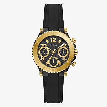 Guess Queen Gold Tone Case and Black Silicone Strap Ladies Watch - GW0466L1 GUESS Guess Queen Gold Tone Case and Black Silicone Strap Ladies Watch - GW0466L1 GUESS