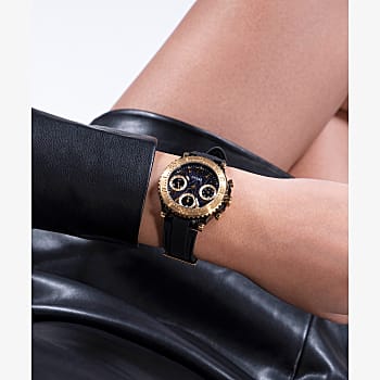Guess Queen Gold Tone Case and Black Silicone Strap Ladies Watch - GW0466L1 GUESS Guess Queen Gold Tone Case and Black Silicone Strap Ladies Watch - GW0466L1 GUESS