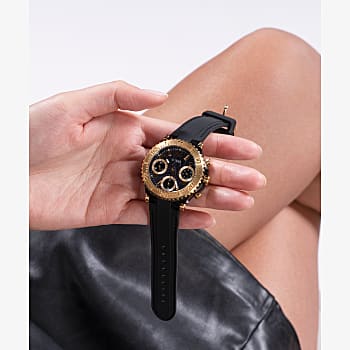 Guess Queen Gold Tone Case and Black Silicone Strap Ladies Watch - GW0466L1 GUESS Guess Queen Gold Tone Case and Black Silicone Strap Ladies Watch - GW0466L1 GUESS