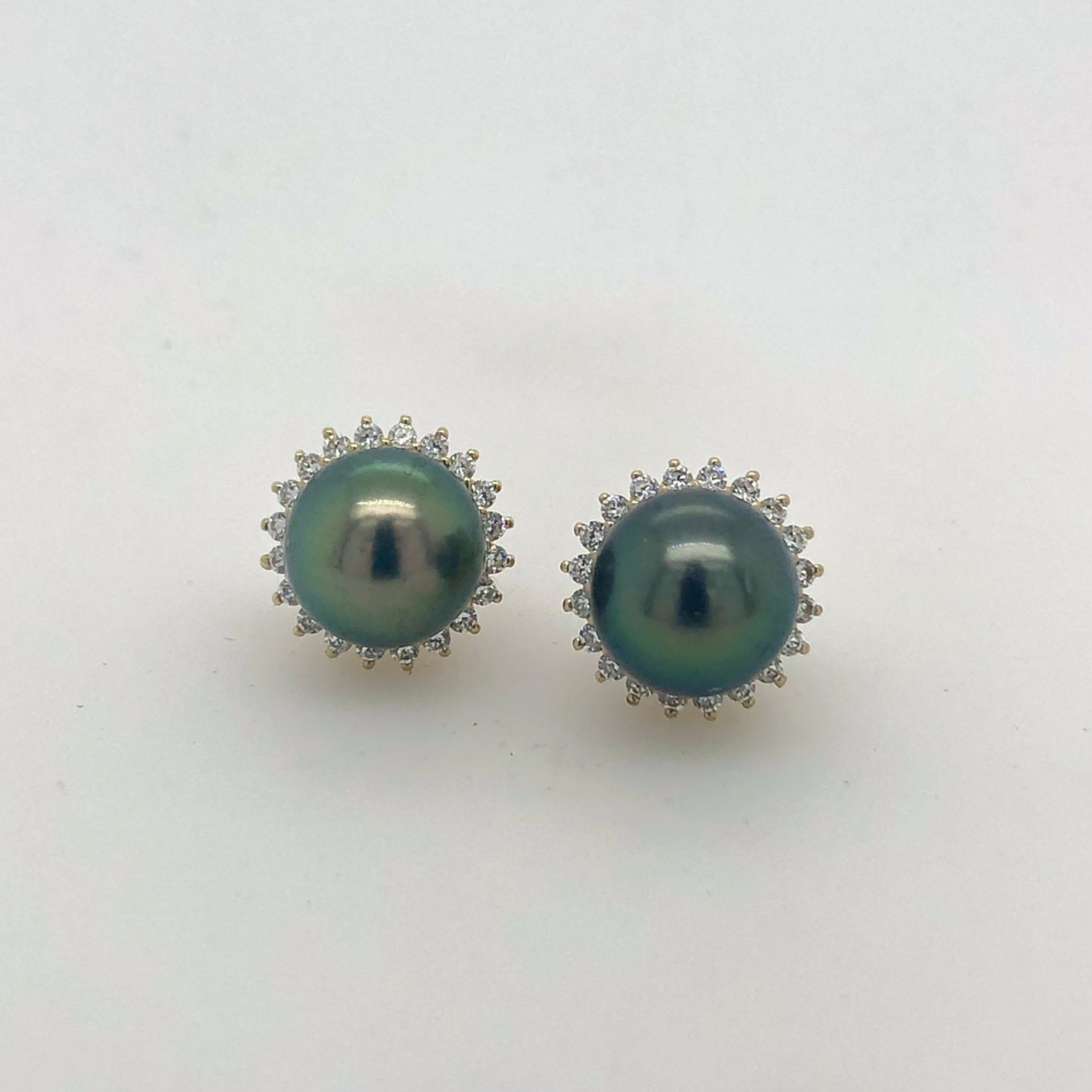 9ct Yellow Gold Sunburst CZ Halo Stud Earrings with 9-9.5mm Tahitian Black Pearl Gold Pearl Jewellery, Pearl Jewellery 9ct Yellow Gold Sunburst CZ Halo Stud Earrings with 9-9.5mm Tahitian Black Pearl Gold Pearl Jewellery, Pearl Jewellery