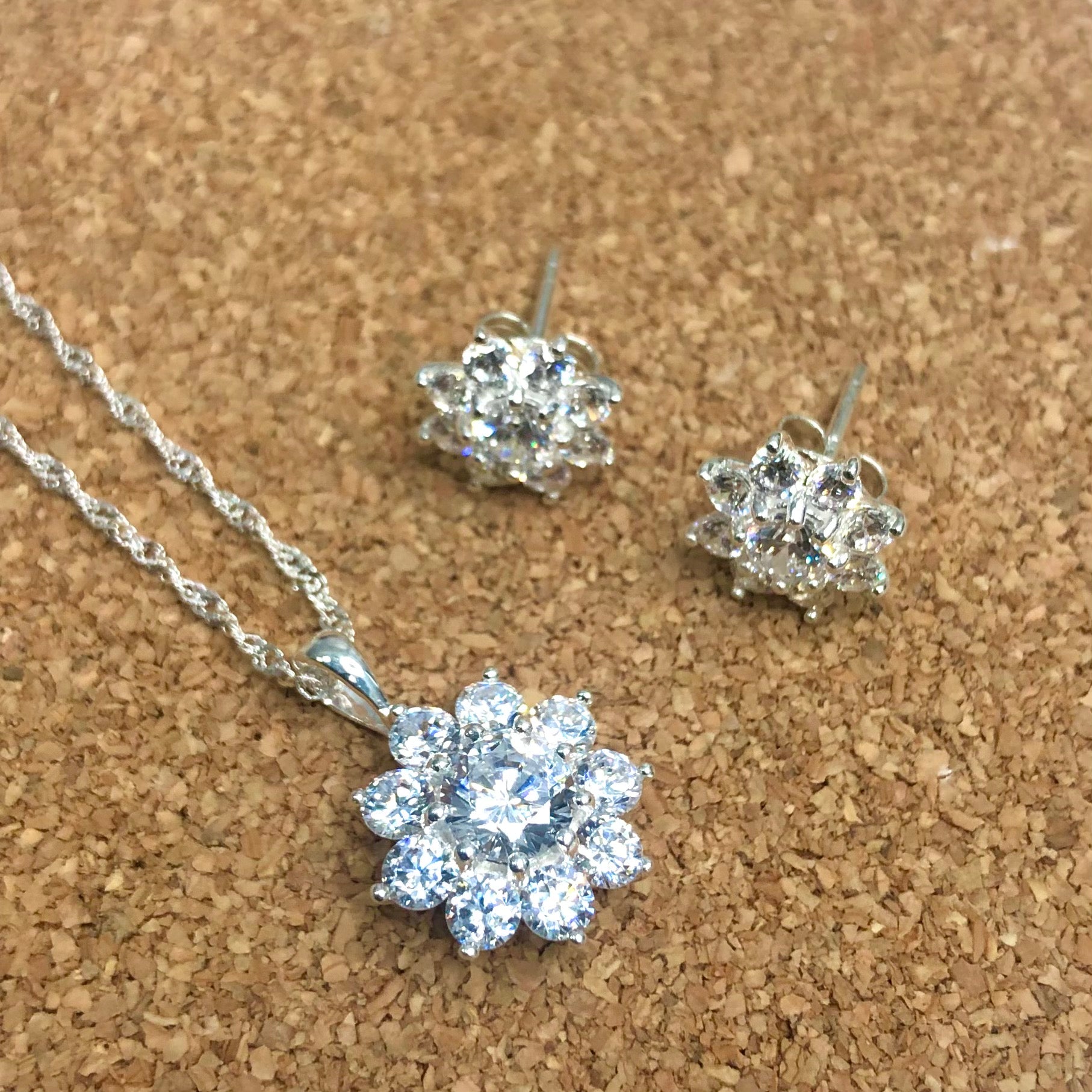 Sterling Silver Halo Solitaire Cubic Zirconia Pendant and Earring Set Sterling Silver Pendants 
