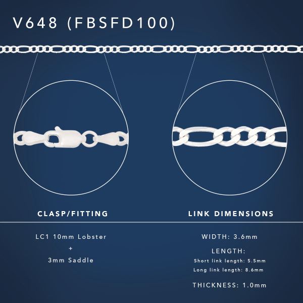 Sterling Silver FBSFD100 Flat Bevelled Figaro 1/3 Chain Sterling Silver Chains 