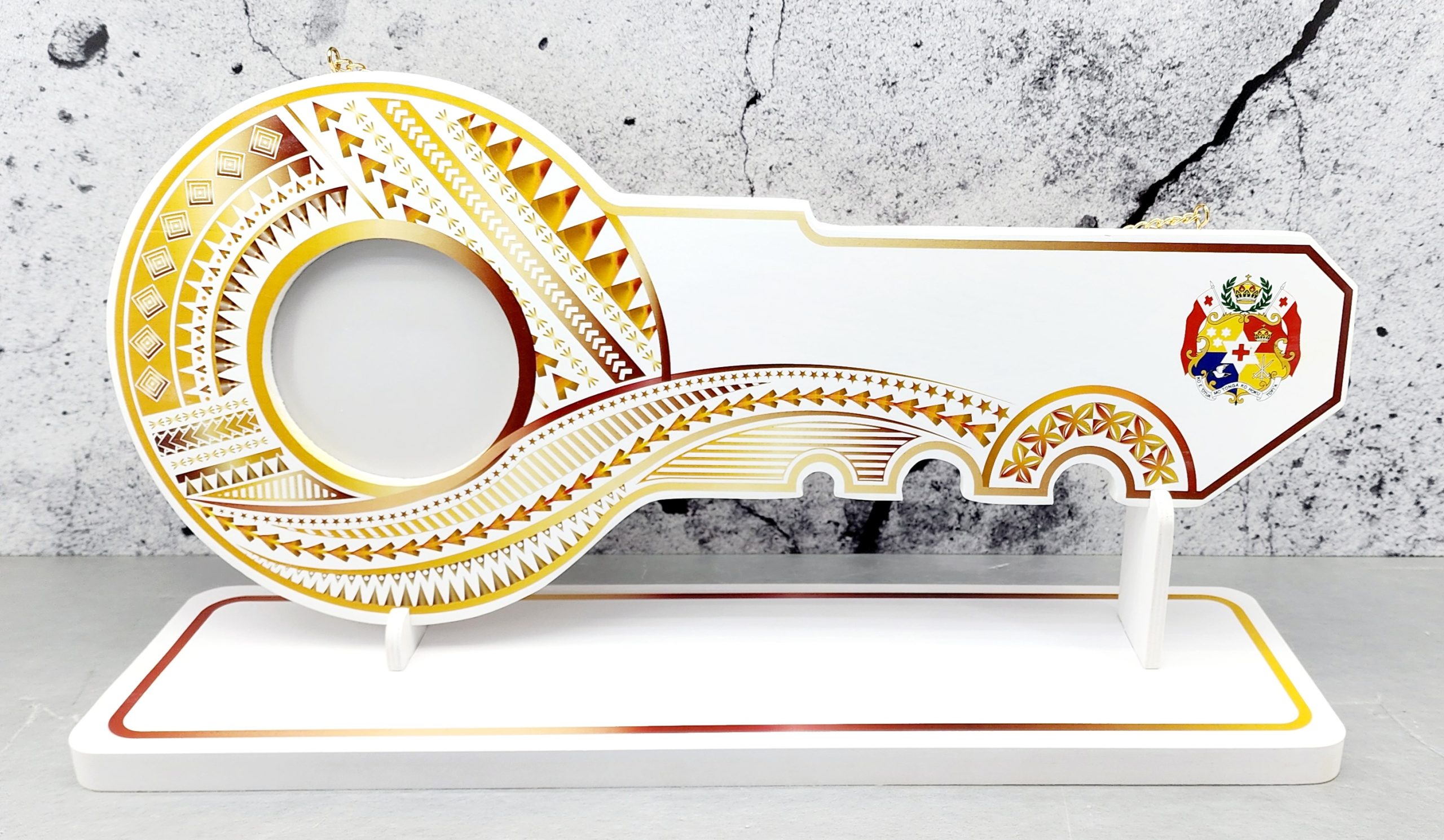 Island Design Golden Red Theme Colour UV Printed Birthday Key with Coloured Tongan Sila with Matching Colour Stand 21st Keys 