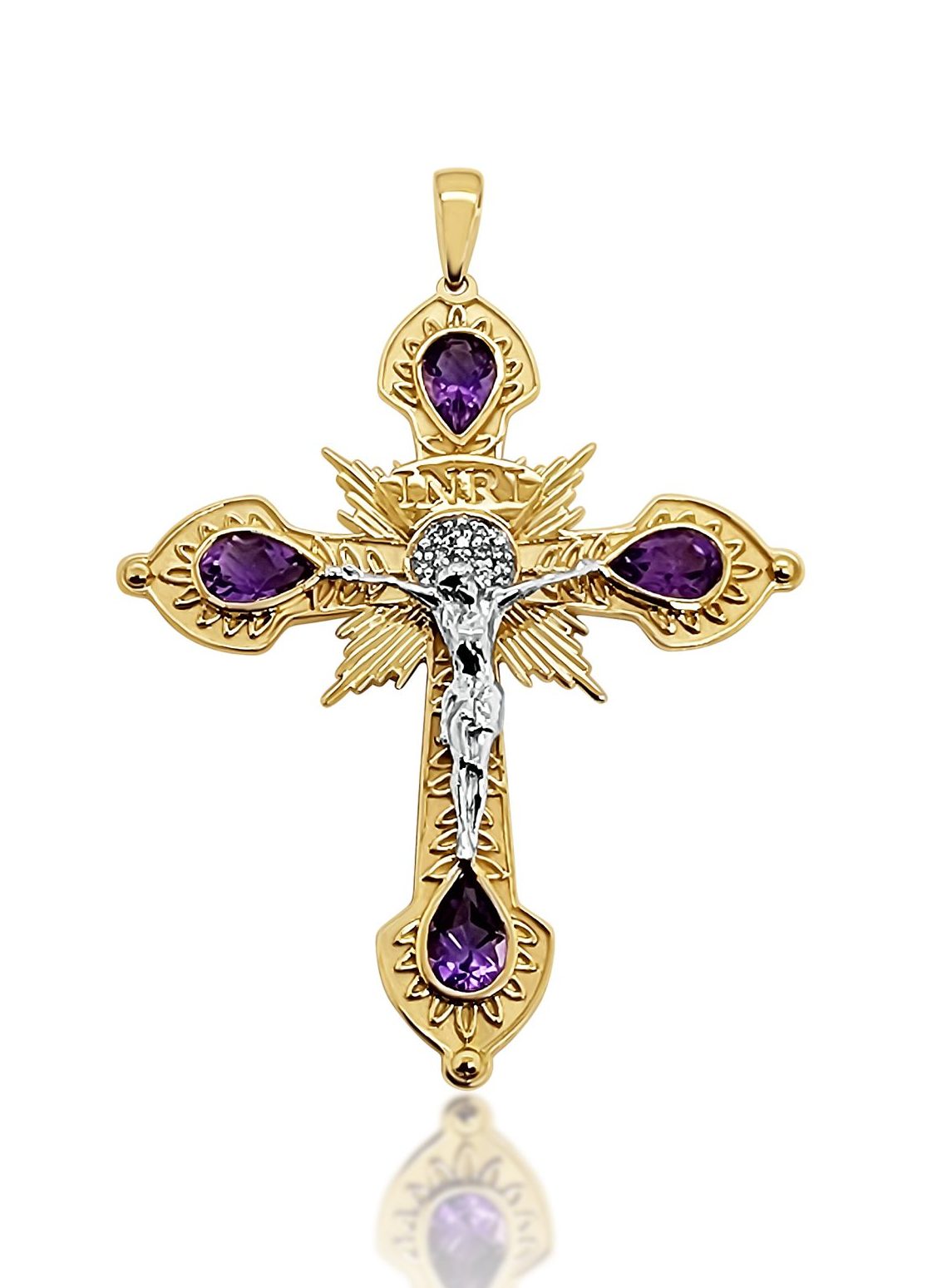 9ct Gold Crucific Cross with Amethyst & Diamond Setting Gold Pendants 9ct Gold Crucific Cross with Amethyst & Diamond Setting Gold Pendants