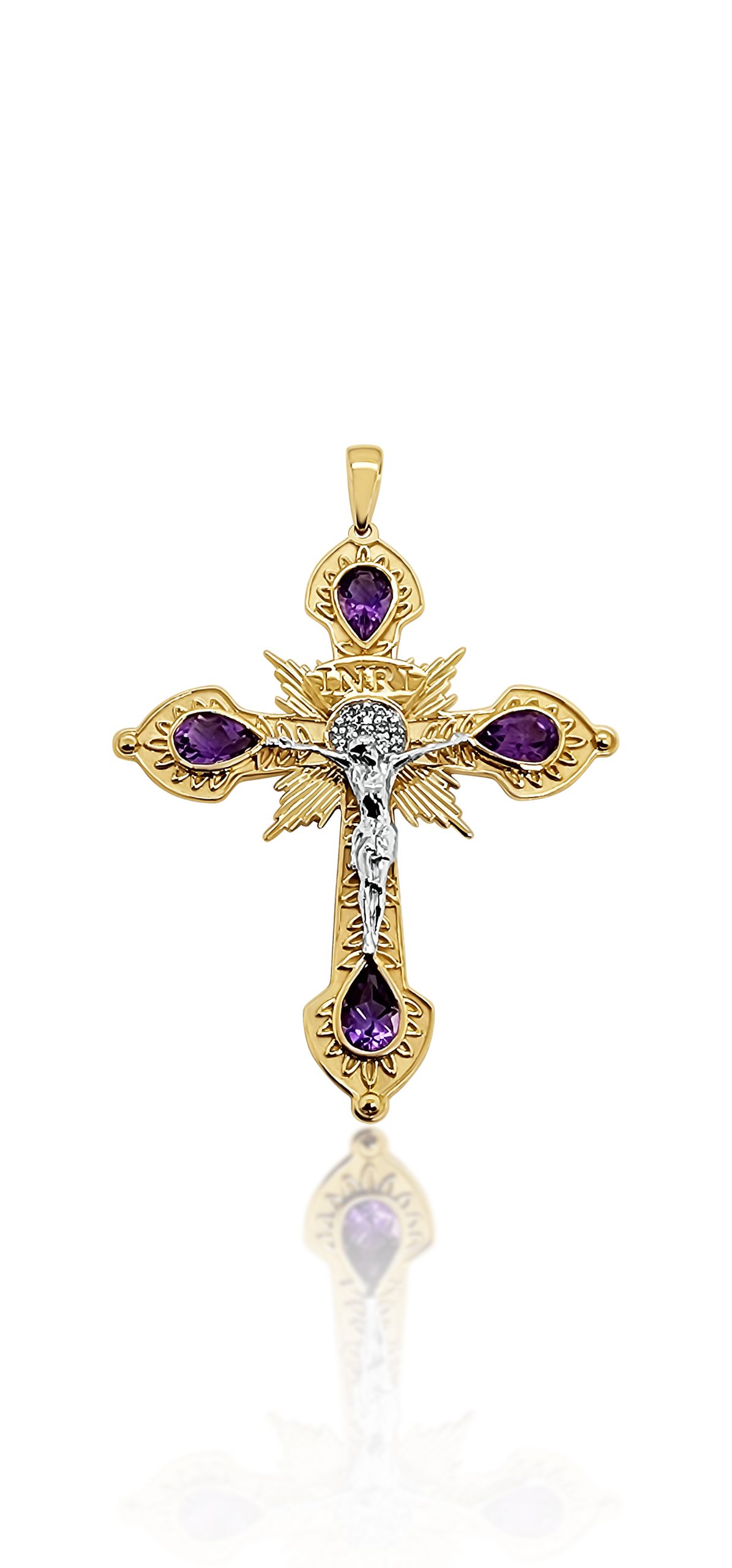 9ct Gold Crucific Cross with Amethyst & Diamond Setting Gold Pendants 9ct Gold Crucific Cross with Amethyst & Diamond Setting Gold Pendants