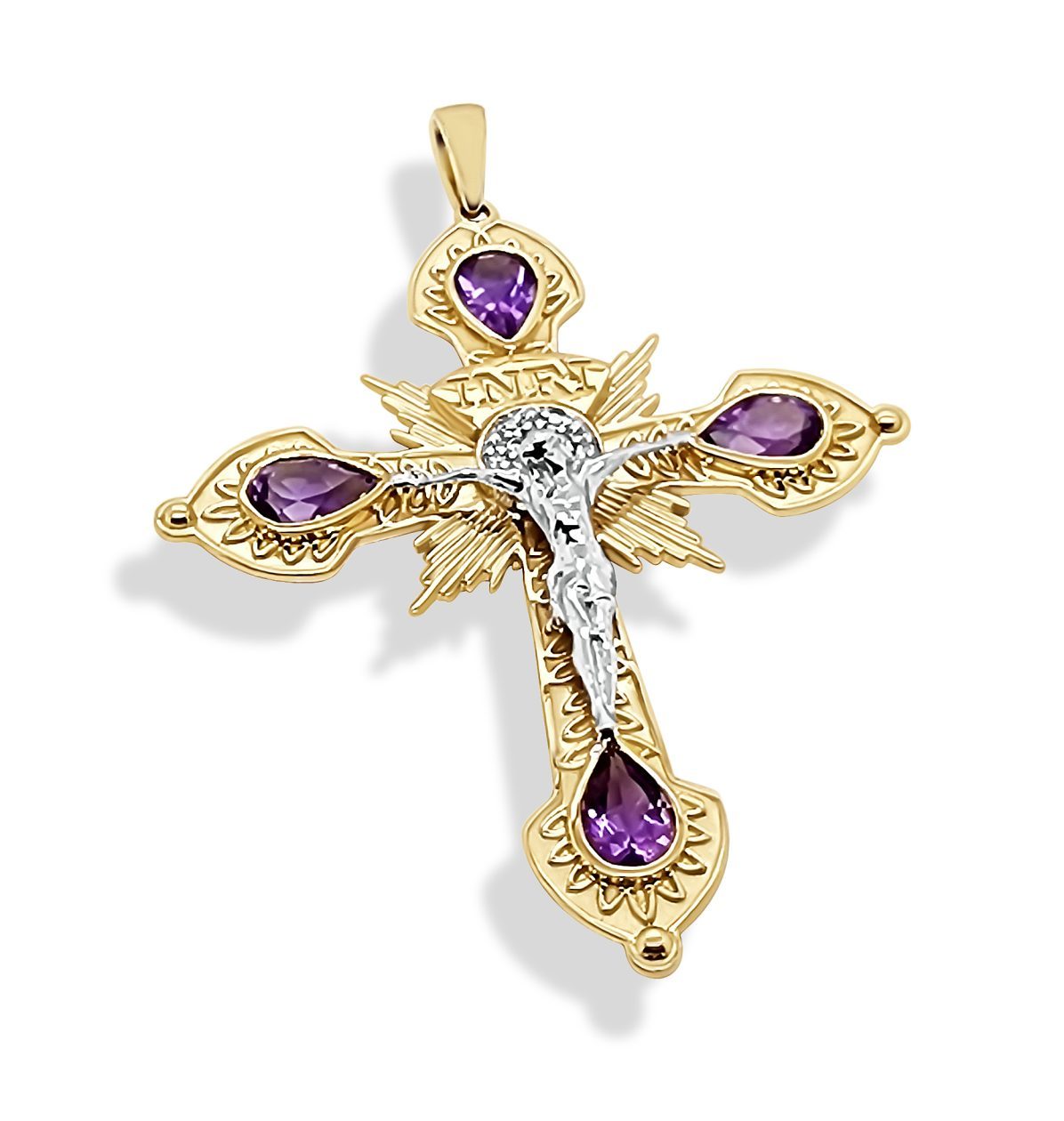 9ct Gold Crucific Cross with Amethyst & Diamond Setting Gold Pendants 9ct Gold Crucific Cross with Amethyst & Diamond Setting Gold Pendants
