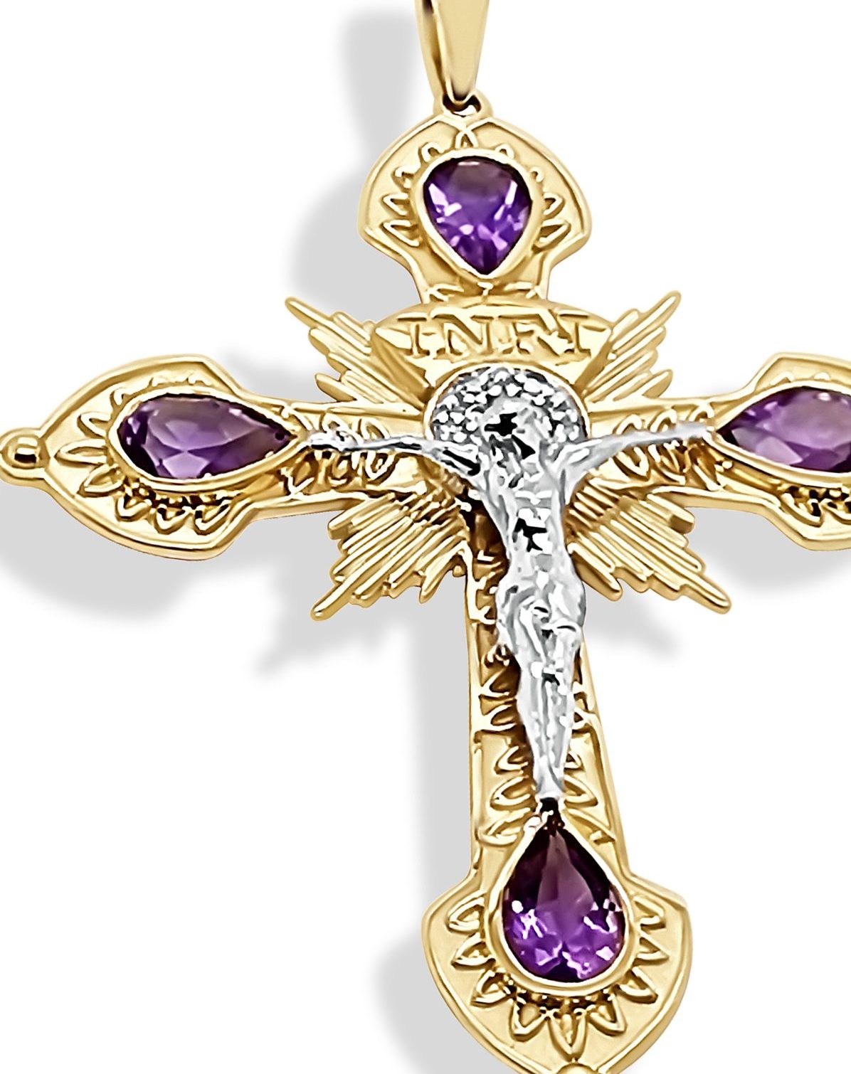 9ct Gold Crucific Cross with Amethyst & Diamond Setting Gold Pendants 9ct Gold Crucific Cross with Amethyst & Diamond Setting Gold Pendants