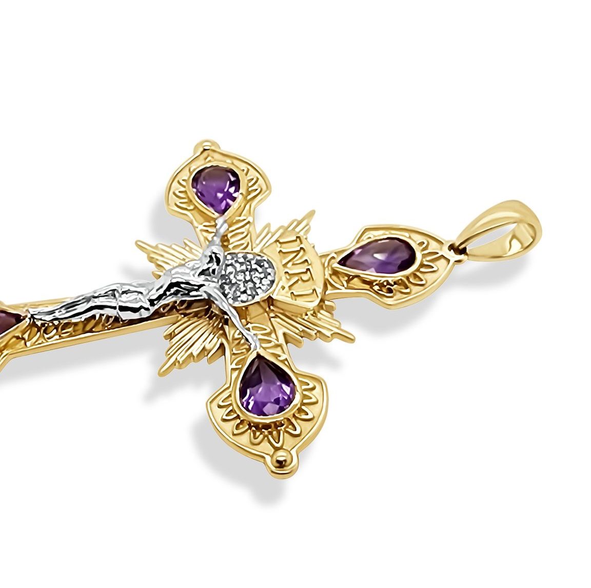 9ct Gold Crucific Cross with Amethyst & Diamond Setting Gold Pendants 9ct Gold Crucific Cross with Amethyst & Diamond Setting Gold Pendants