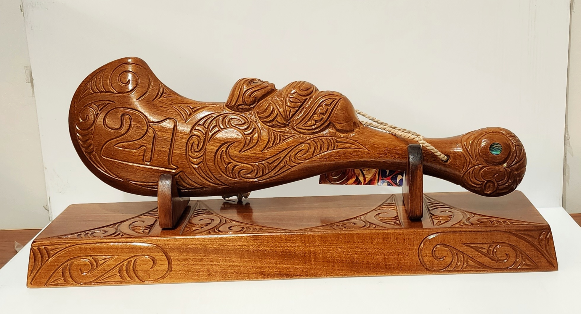 Large Carved Maori Wahaika Club with Carved 21 on Stand 21st Keys 