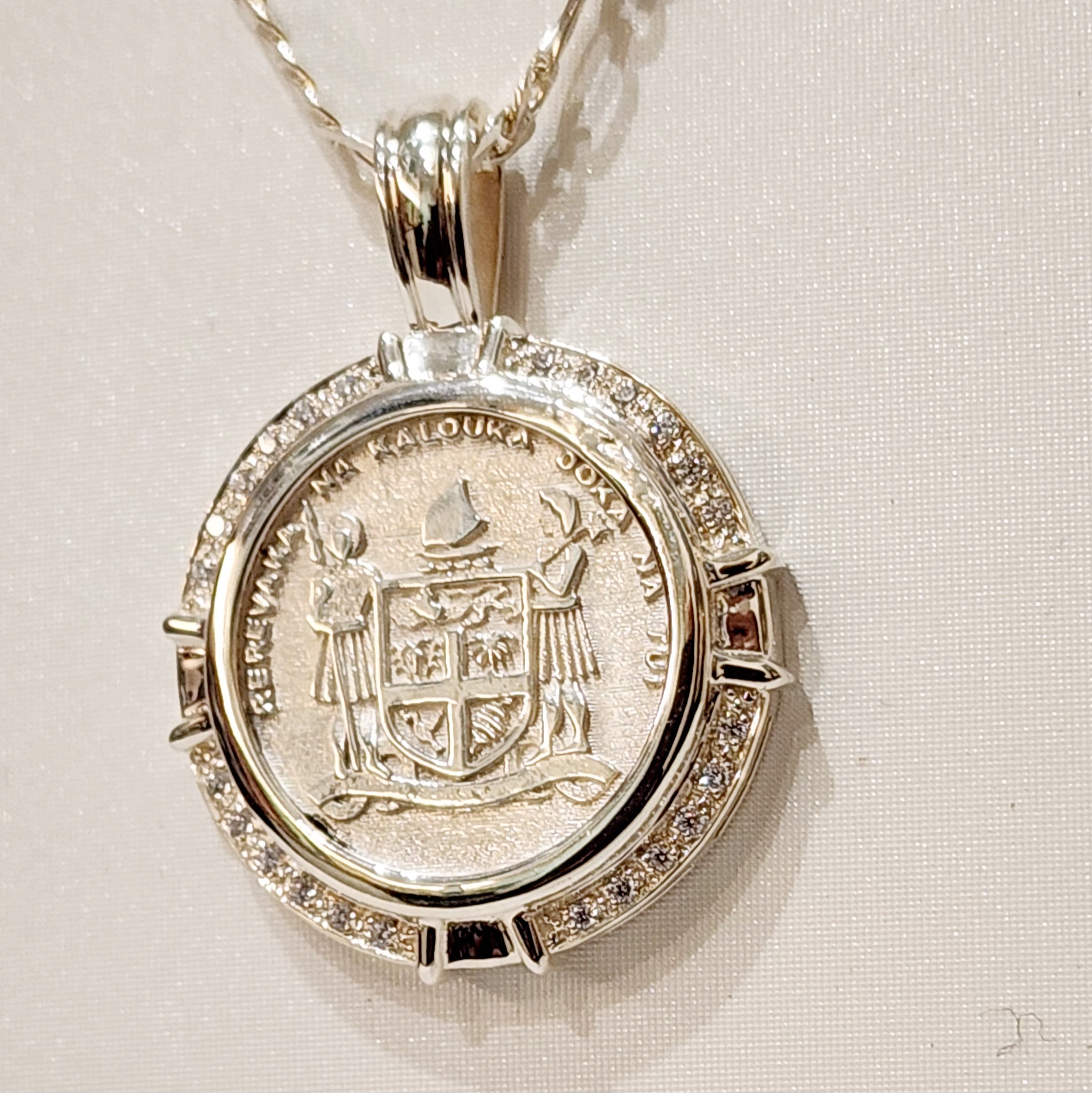 Sterling Silver Fiji Coat of Arms Pendant with Cubic Zirconia Setting and Sterling Silver 55cm Chain Sterling Silver Pendants Sterling Silver Fiji Coat of Arms Pendant with Cubic Zirconia Setting and Sterling Silver 55cm Chain Sterling Silver Pendants