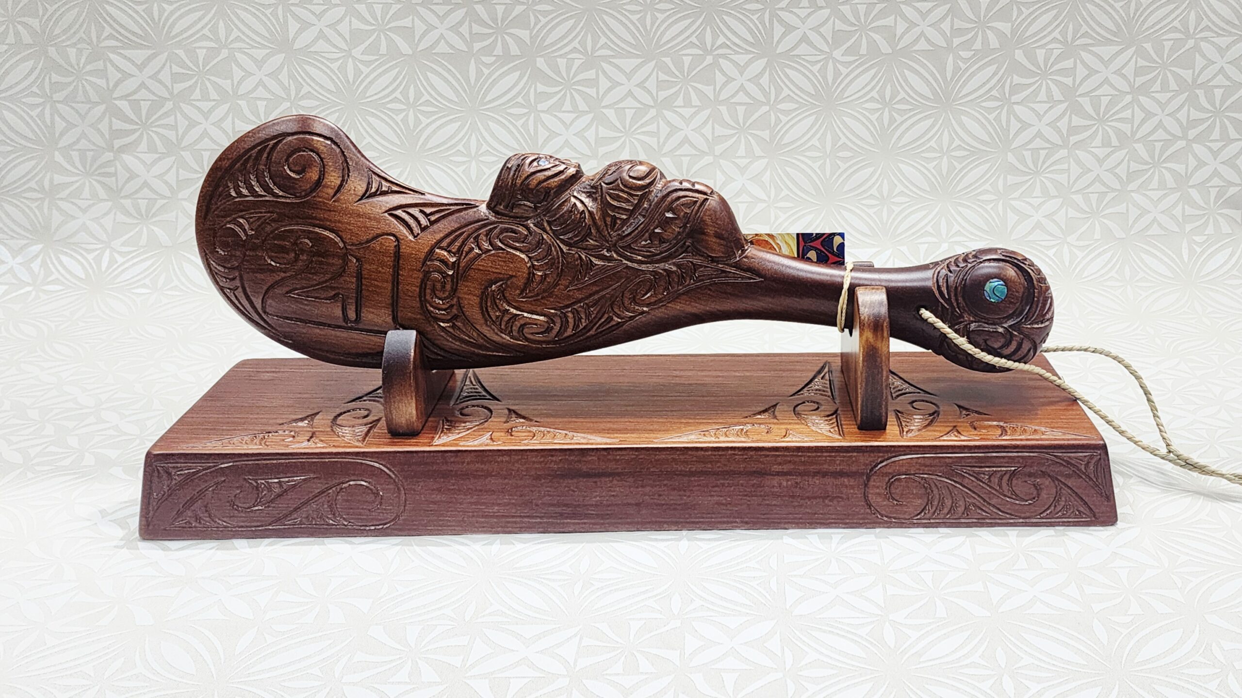 Large Carved Maori Wahaika Club with Carved 21 on Stand 21st Keys 