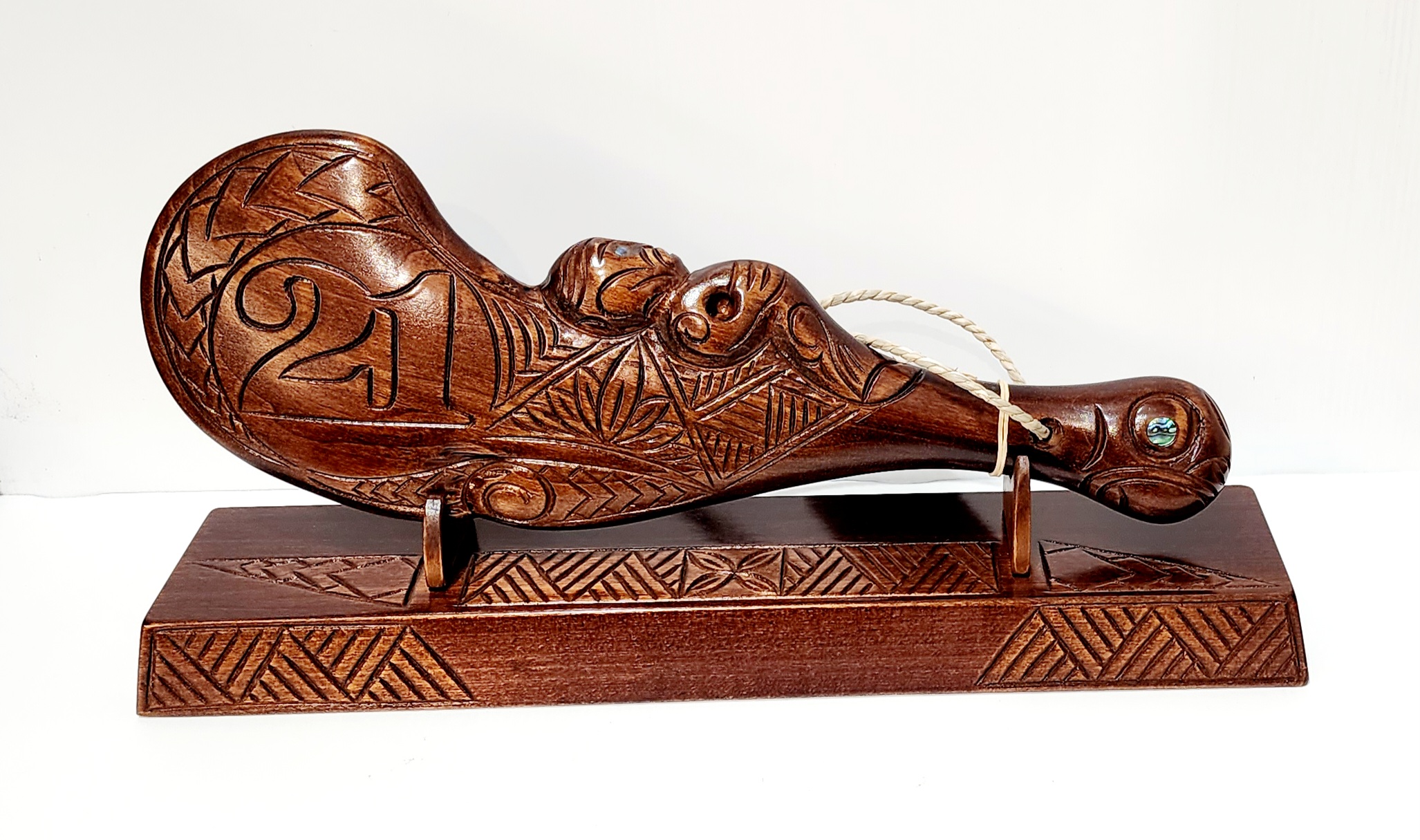 Hand Carved 21st Wahaika on Base with Island Patterns with Paua Shell Eyes 21st Keys 
