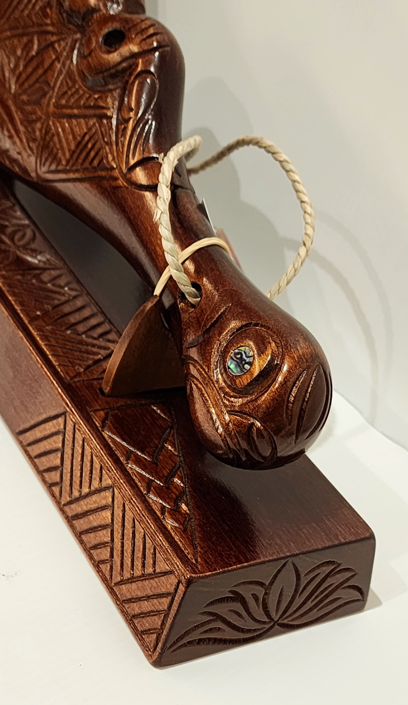 Hand Carved 21st Wahaika on Base with Island Patterns with Paua Shell Eyes 21st Keys Hand Carved 21st Wahaika on Base with Island Patterns with Paua Shell Eyes 21st Keys