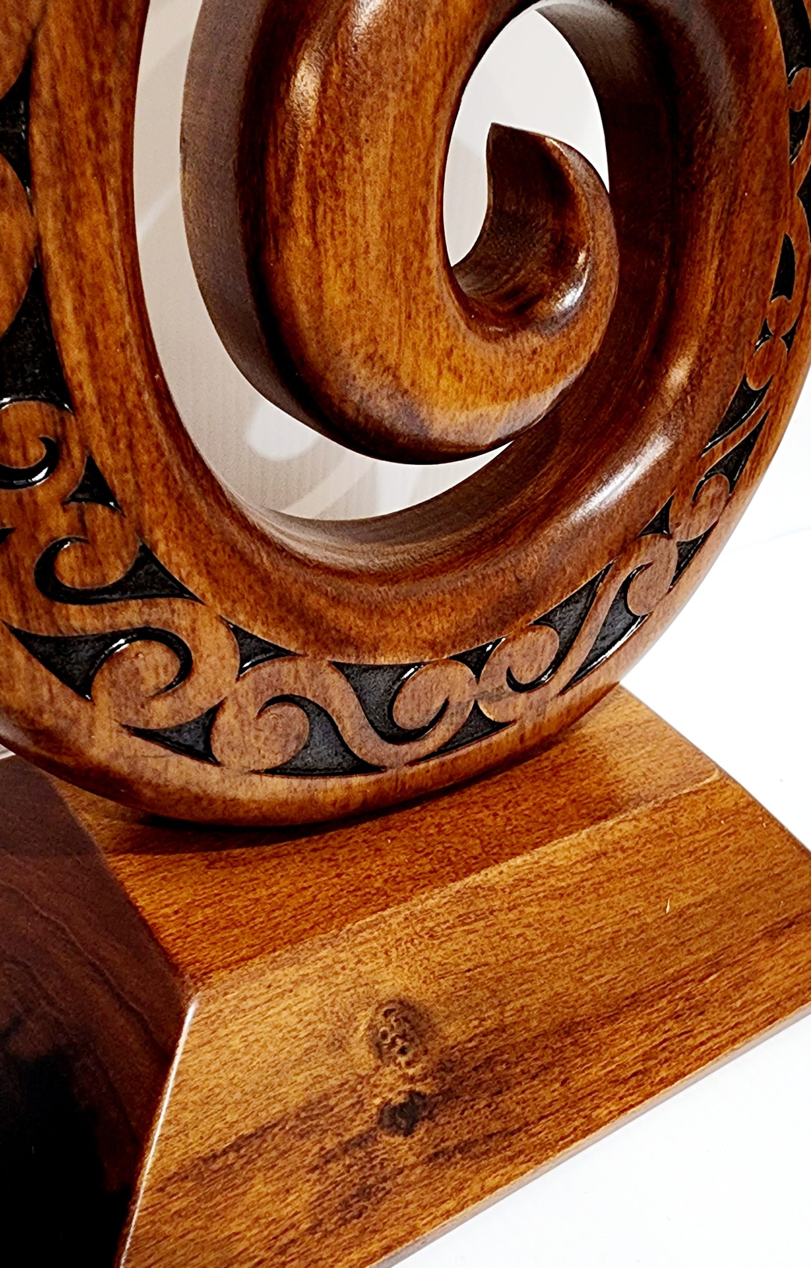 Wooden Carved Large Maori Carved Double Koru and Laser Engraved Patterns on Stand 21st Keys Wooden Carved Large Maori Carved Double Koru and Laser Engraved Patterns on Stand 21st Keys