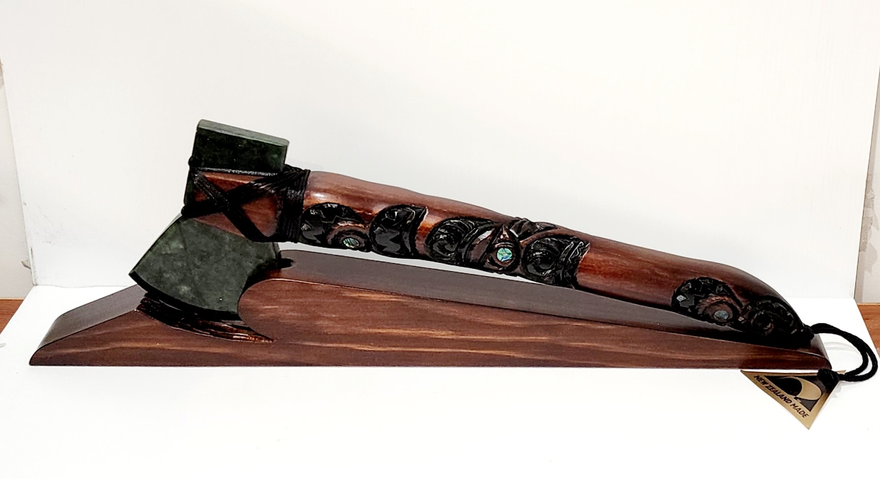 Large Wooden Carved Maori Axe - Toki Kaka Poto with New Zealand Greenstone on Stand NIXON, WATCH Large Wooden Carved Maori Axe - Toki Kaka Poto with New Zealand Greenstone on Stand NIXON, WATCH