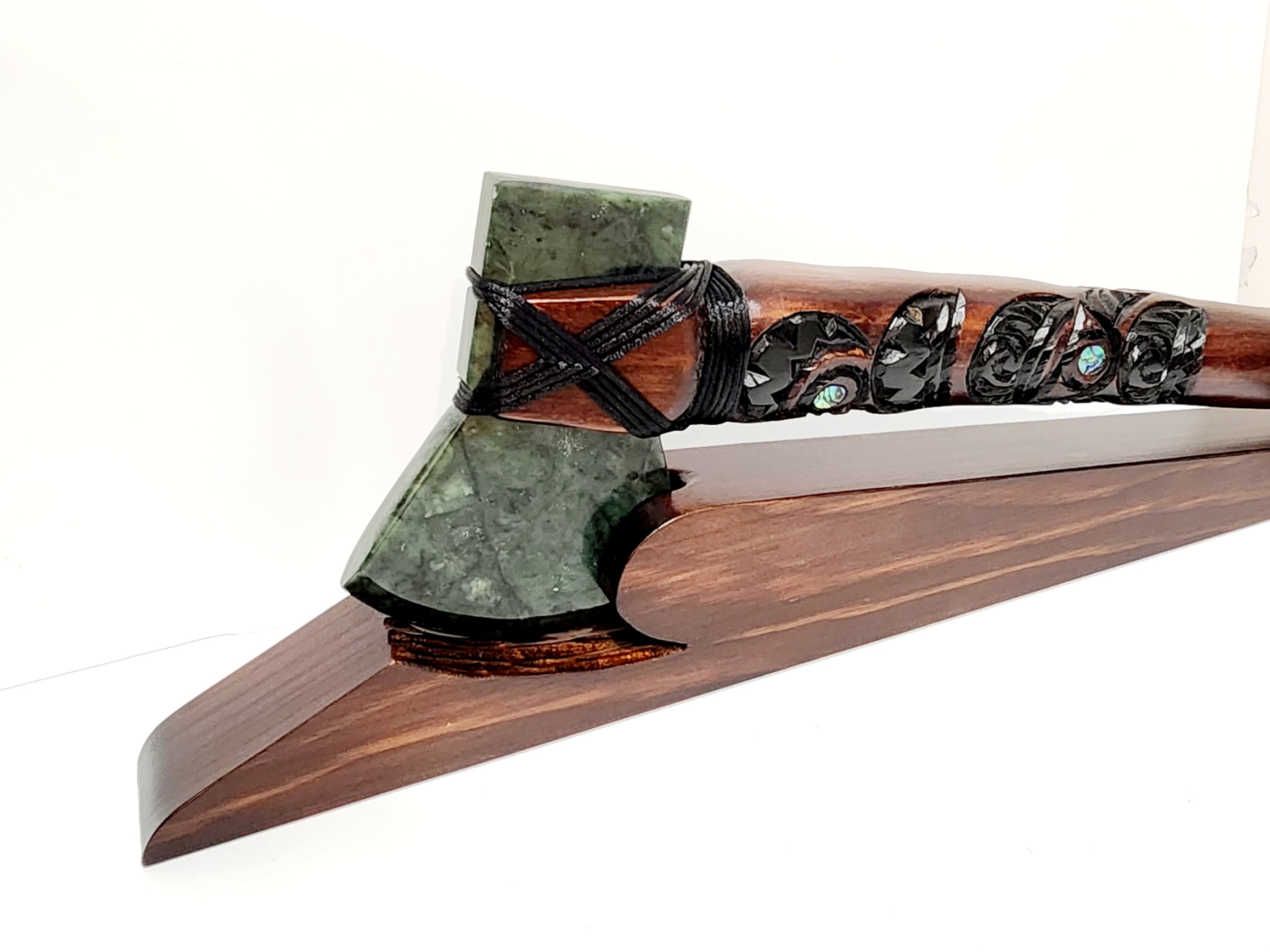 Large Wooden Carved Maori Axe - Toki Kaka Poto with New Zealand Greenstone on Stand NIXON, WATCH Large Wooden Carved Maori Axe - Toki Kaka Poto with New Zealand Greenstone on Stand NIXON, WATCH