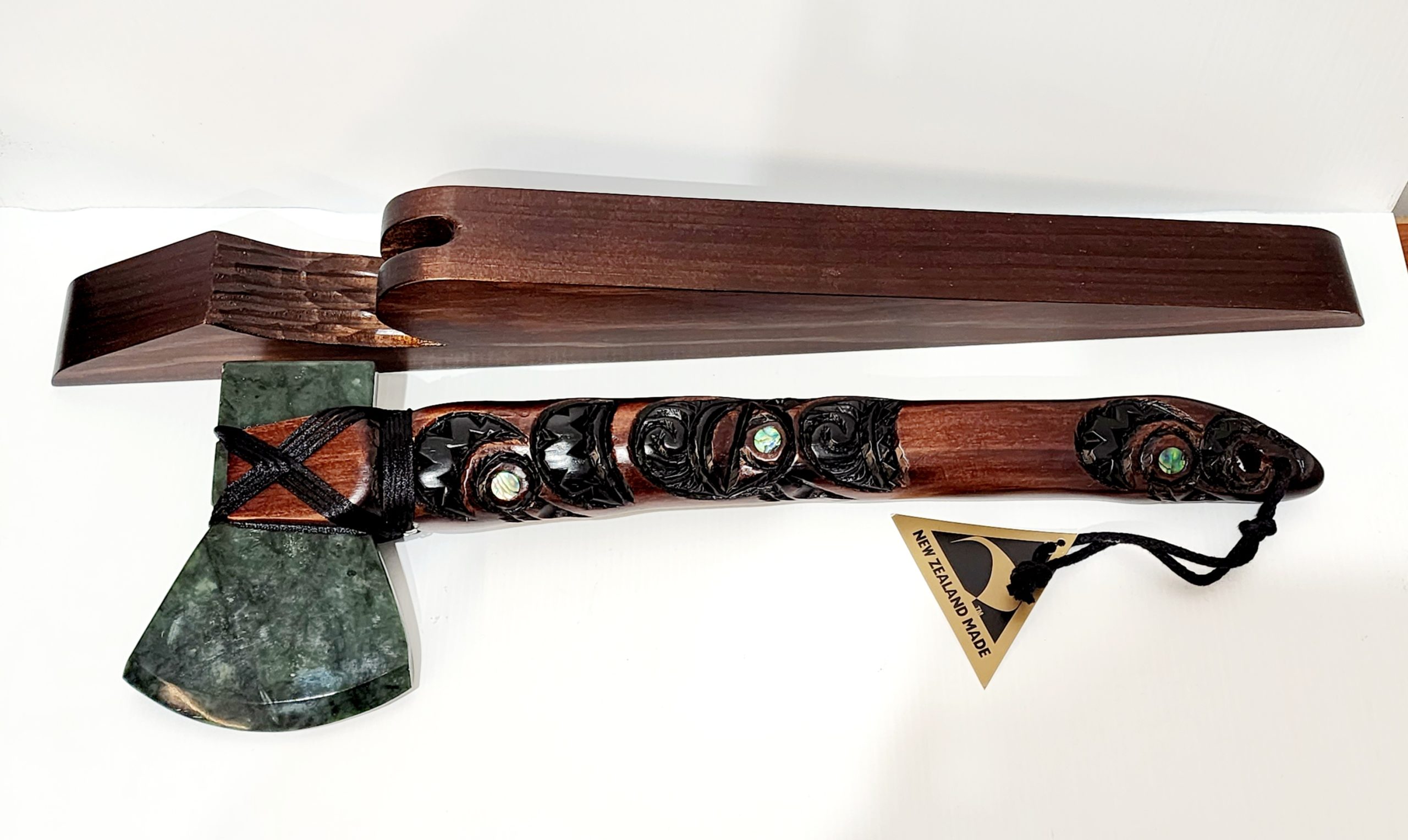 Large Wooden Carved Maori Axe - Toki Kaka Poto with New Zealand Greenstone on Stand NIXON, WATCH Large Wooden Carved Maori Axe - Toki Kaka Poto with New Zealand Greenstone on Stand NIXON, WATCH