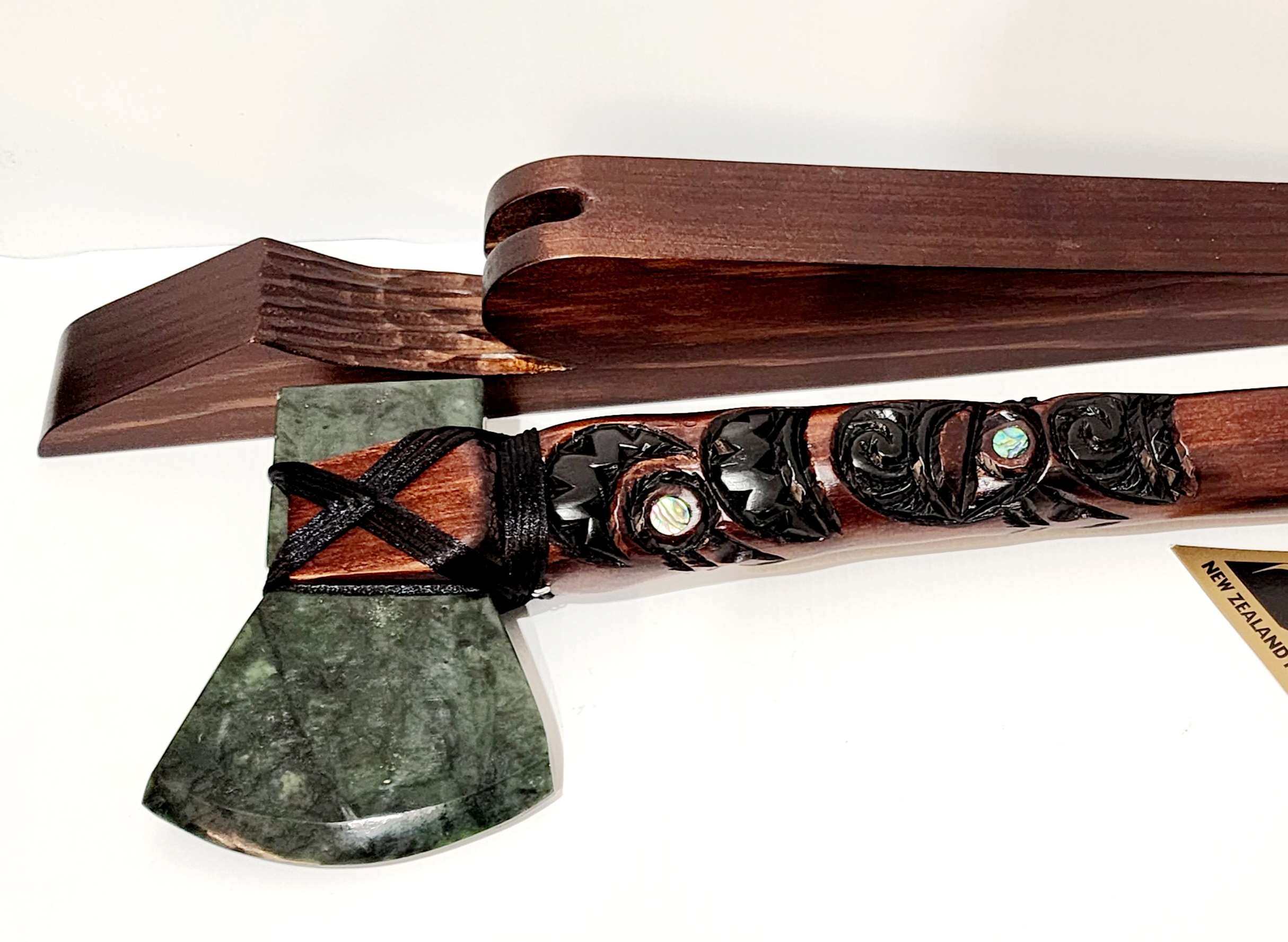 Large Wooden Carved Maori Axe - Toki Kaka Poto with New Zealand Greenstone on Stand NIXON, WATCH Large Wooden Carved Maori Axe - Toki Kaka Poto with New Zealand Greenstone on Stand NIXON, WATCH