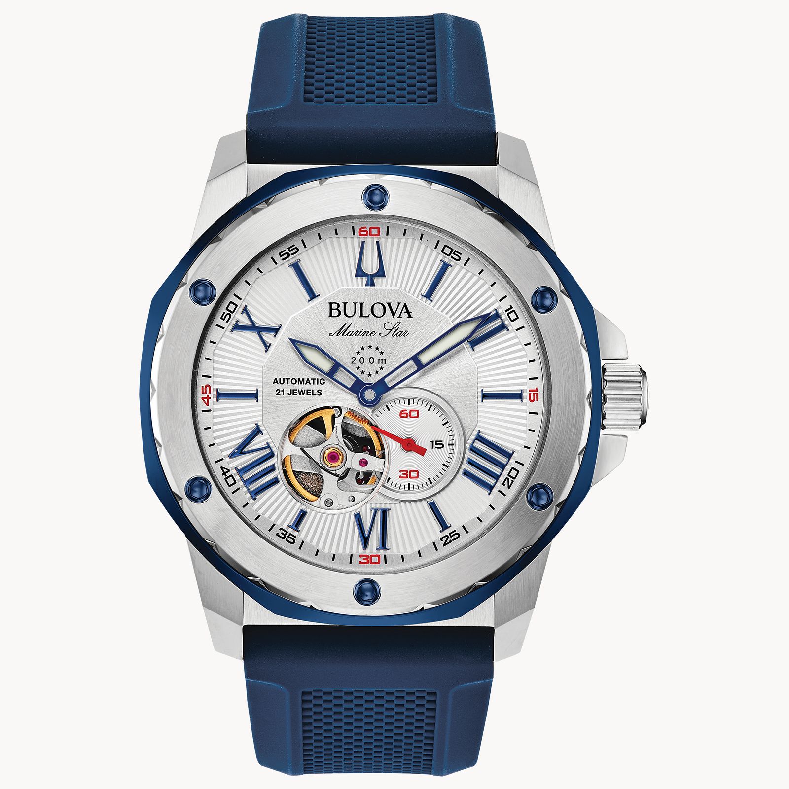 Bulova Marine Star Men's Automatic Blue Silicone Strap Watch - 98A225 bulova 