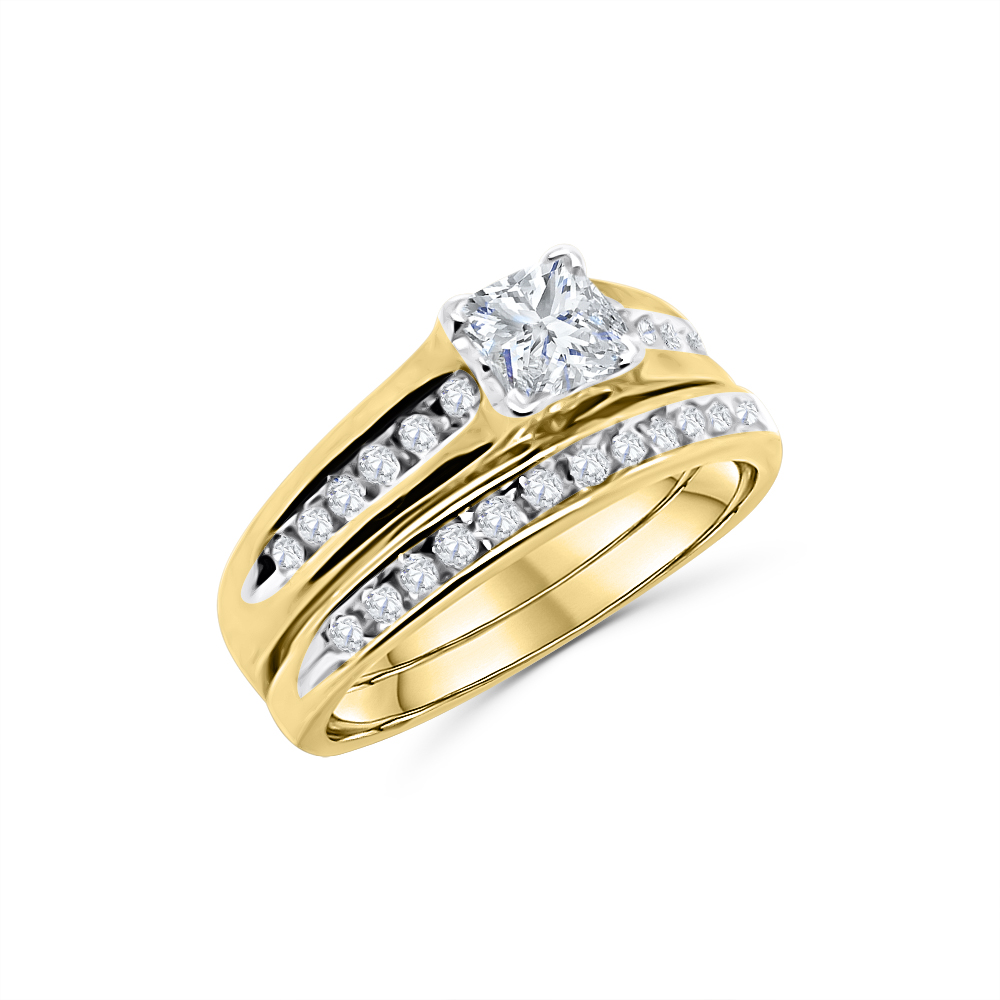 10ct Yellow Gold Quad Princess-Cut Diamond Frame Bridal 2 Piece Ring Set Total Diamond Weight 0.50ct Gold Rings 10ct Yellow Gold Quad Princess-Cut Diamond Frame Bridal 2 Piece Ring Set Total Diamond Weight 0.50ct Gold Rings