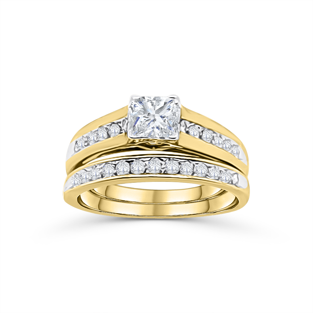 10ct Yellow Gold Quad Princess-Cut Diamond Frame Bridal 2 Piece Ring Set Total Diamond Weight 0.50ct Gold Rings 10ct Yellow Gold Quad Princess-Cut Diamond Frame Bridal 2 Piece Ring Set Total Diamond Weight 0.50ct Gold Rings
