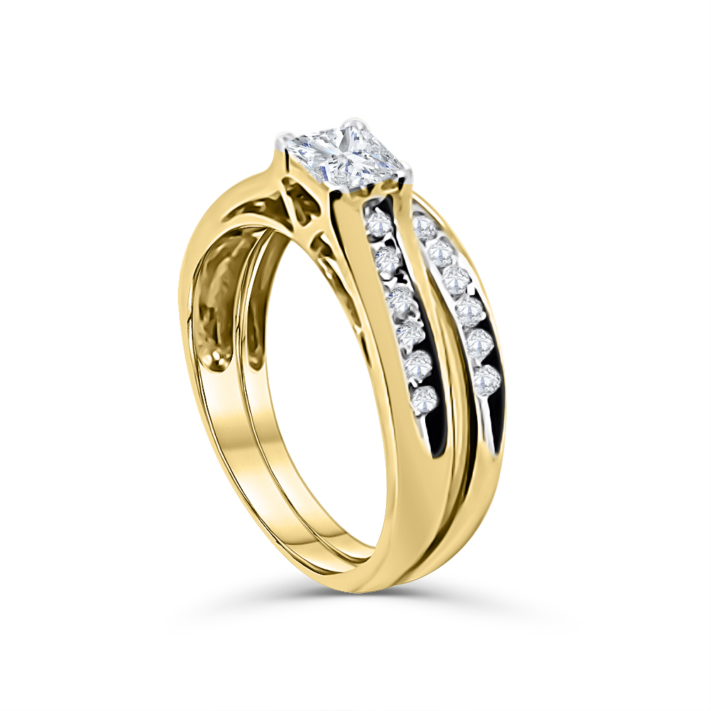 10ct Yellow Gold Quad Princess-Cut Diamond Frame Bridal 2 Piece Ring Set Total Diamond Weight 0.50ct Gold Rings 10ct Yellow Gold Quad Princess-Cut Diamond Frame Bridal 2 Piece Ring Set Total Diamond Weight 0.50ct Gold Rings