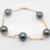 9ct Yellow Gold 11-13mm Round Tahitian Black Pearl Bracelet 24cm Long