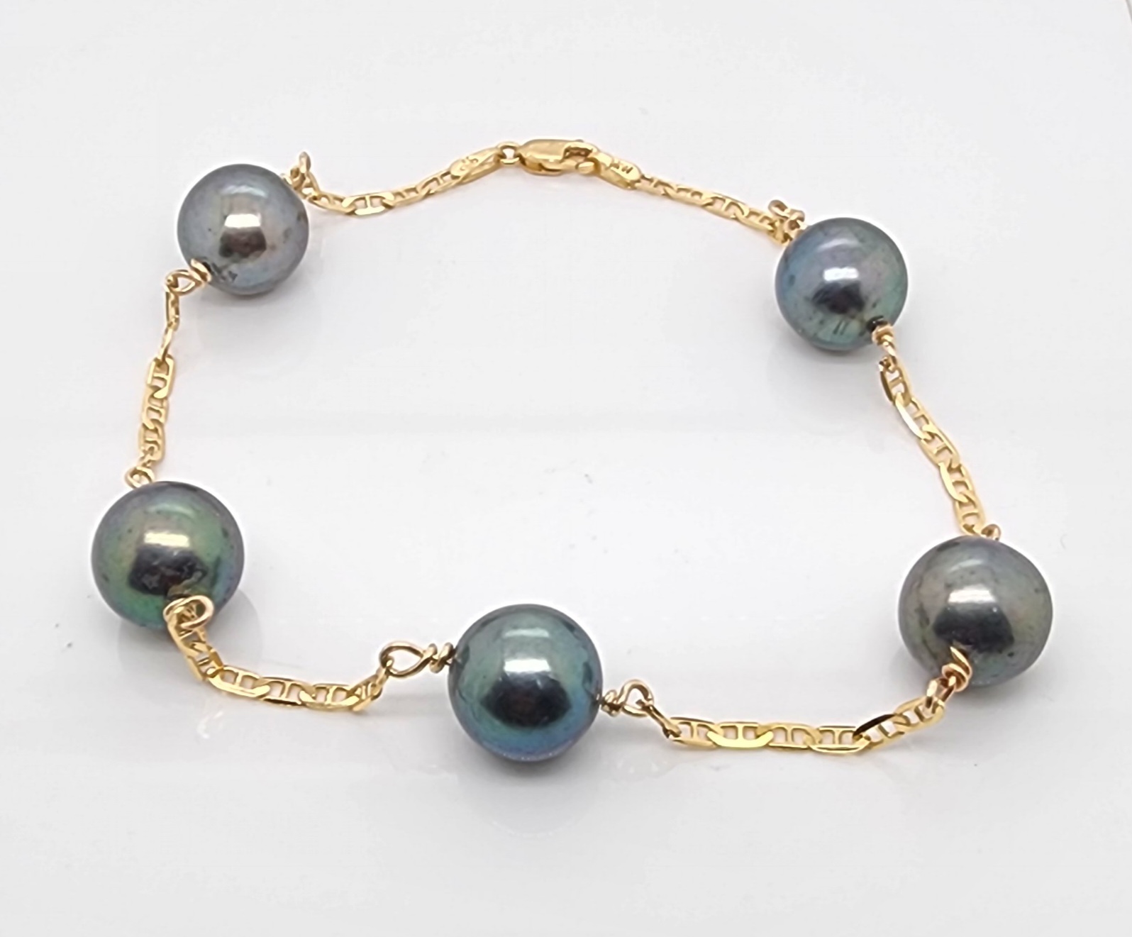 9ct Yellow Gold 11-13mm Round Tahitian Black Pearl Bracelet 24cm Long Gold Pearl Jewellery, Pearl Jewellery 
