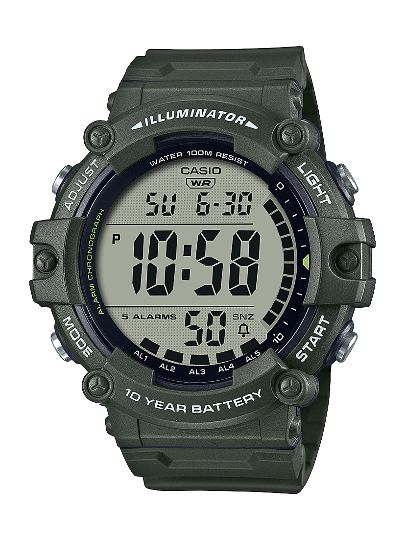 Casio Digital Extra Long Strap 10 Year Battery Green Beige Resin Band - AE1500WHX-3A  