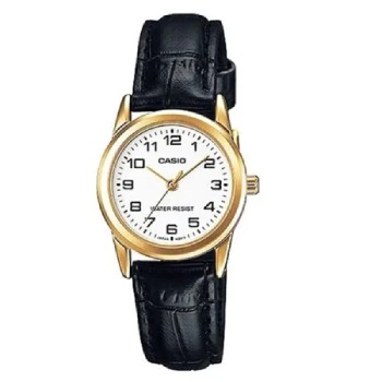 Casio Ladies Analogue WR White Face Gold Case Black Leather Watch - LTP-V001GL-7BUDF CASIO 