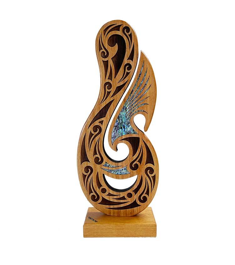 Large Wooden Laser Engraved Maori Fish Hook Trophy/Award on stand  