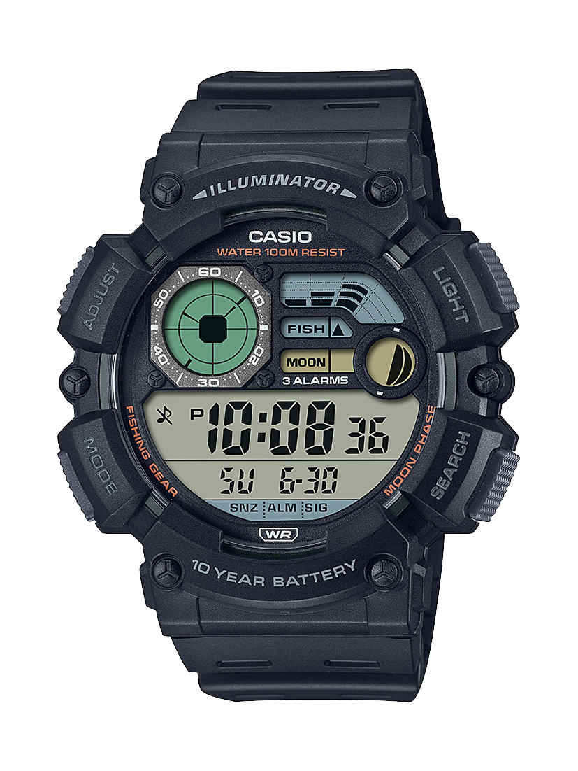 Casio Digital Multi Window Fish, Moon 100M 10YR Battery Black Resin Band - WS1500H-1A  