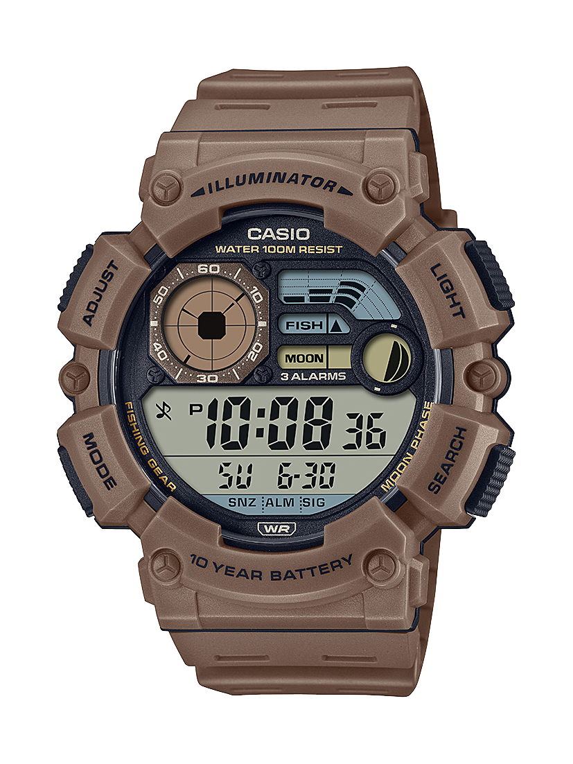 Casio Digital Multi Window Fish, Moon 100M 10YR Battery Brown Resin Band - WS1500H-5A  