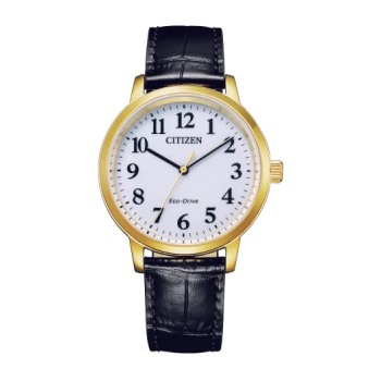 Citizen Eco-Drive Gents Gold Tone Case White Dial Black Leather Strap Watch - BJ6543-10A Citizen Eco-Drive 